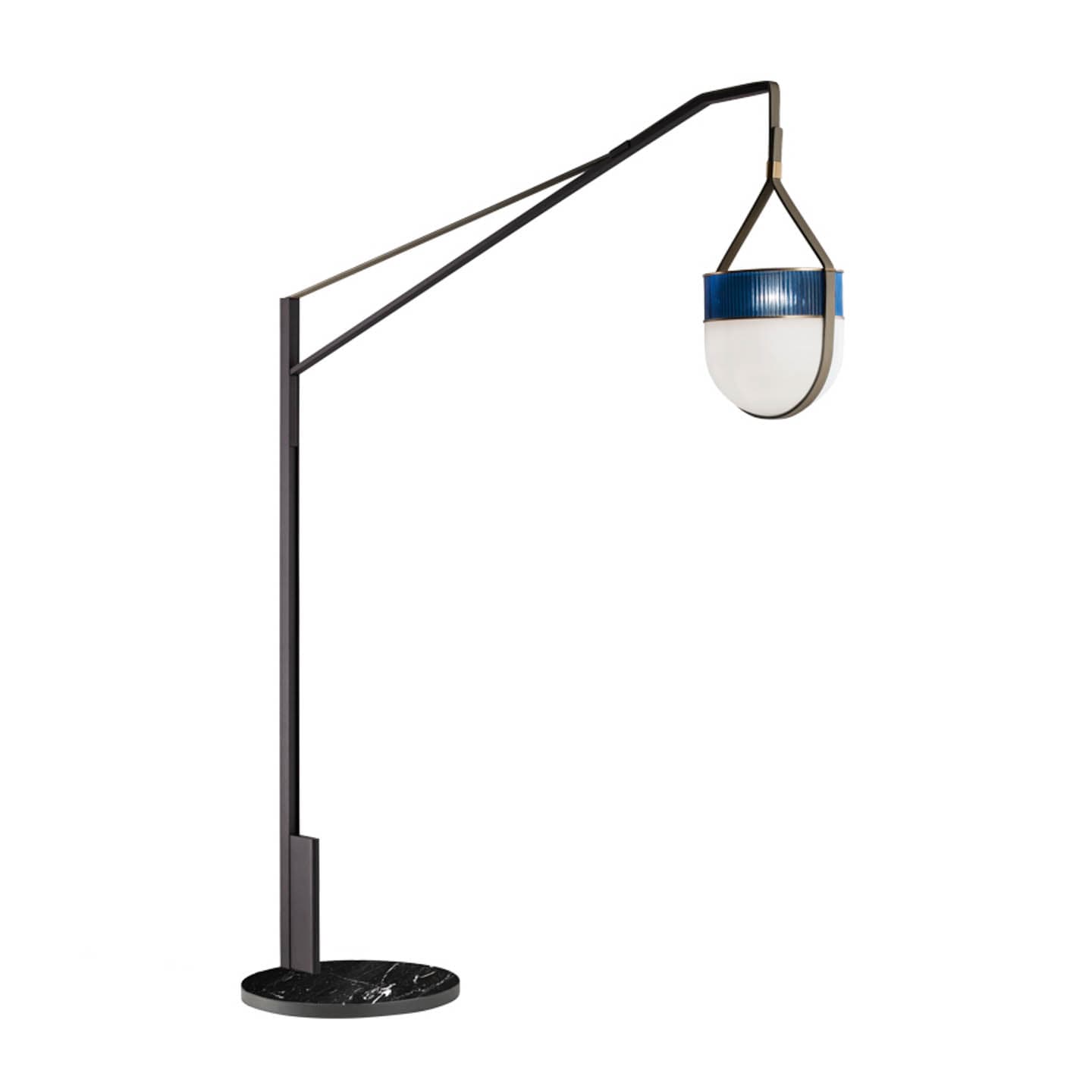 angular floor lamp with a sapphire and pearl lampshade hanging like a drip