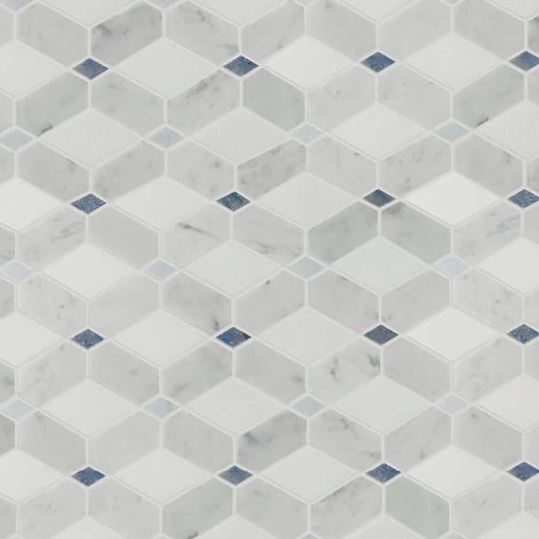 gray mosaic tile with blue diamond shapes throughout