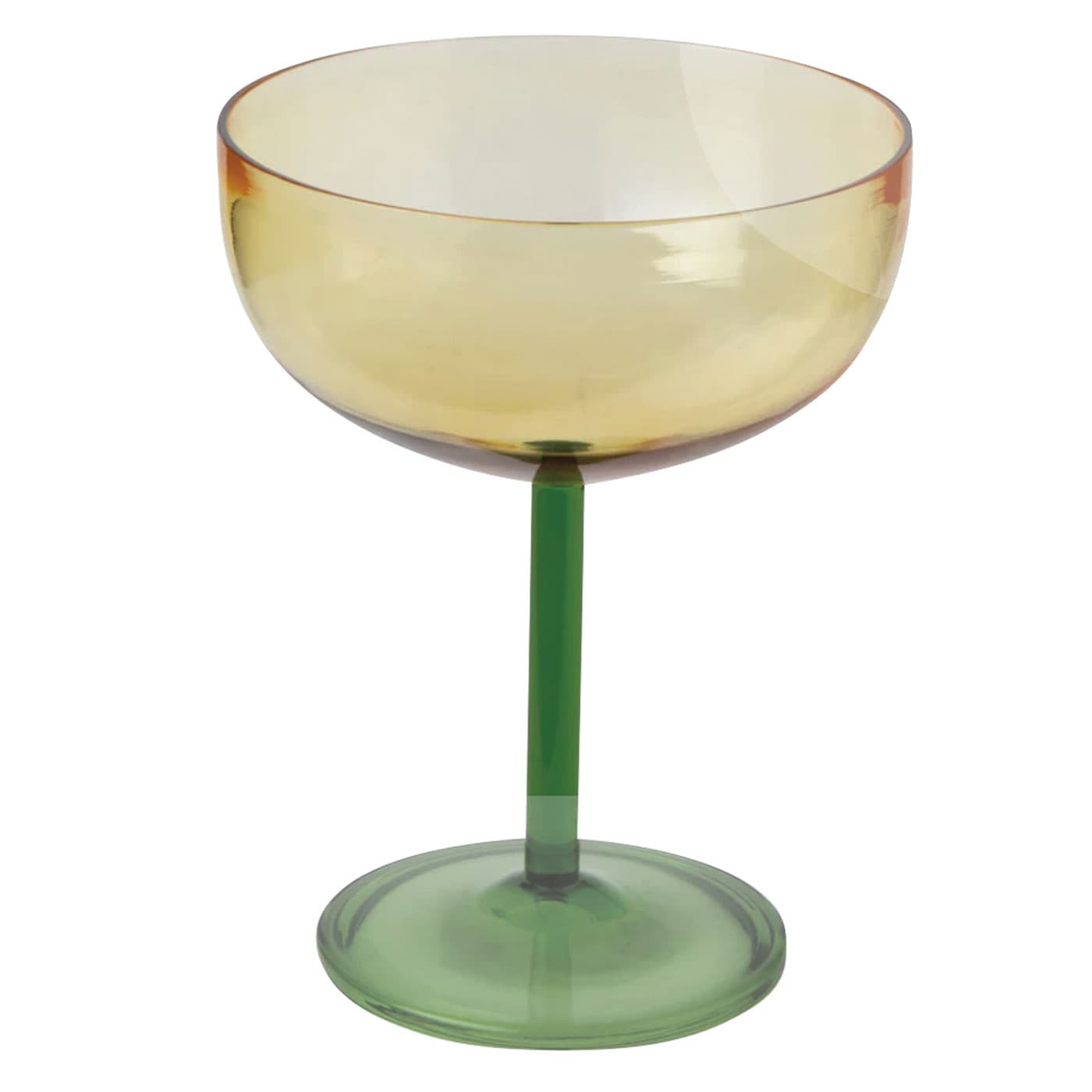 coupe glass with an amber cup and green base