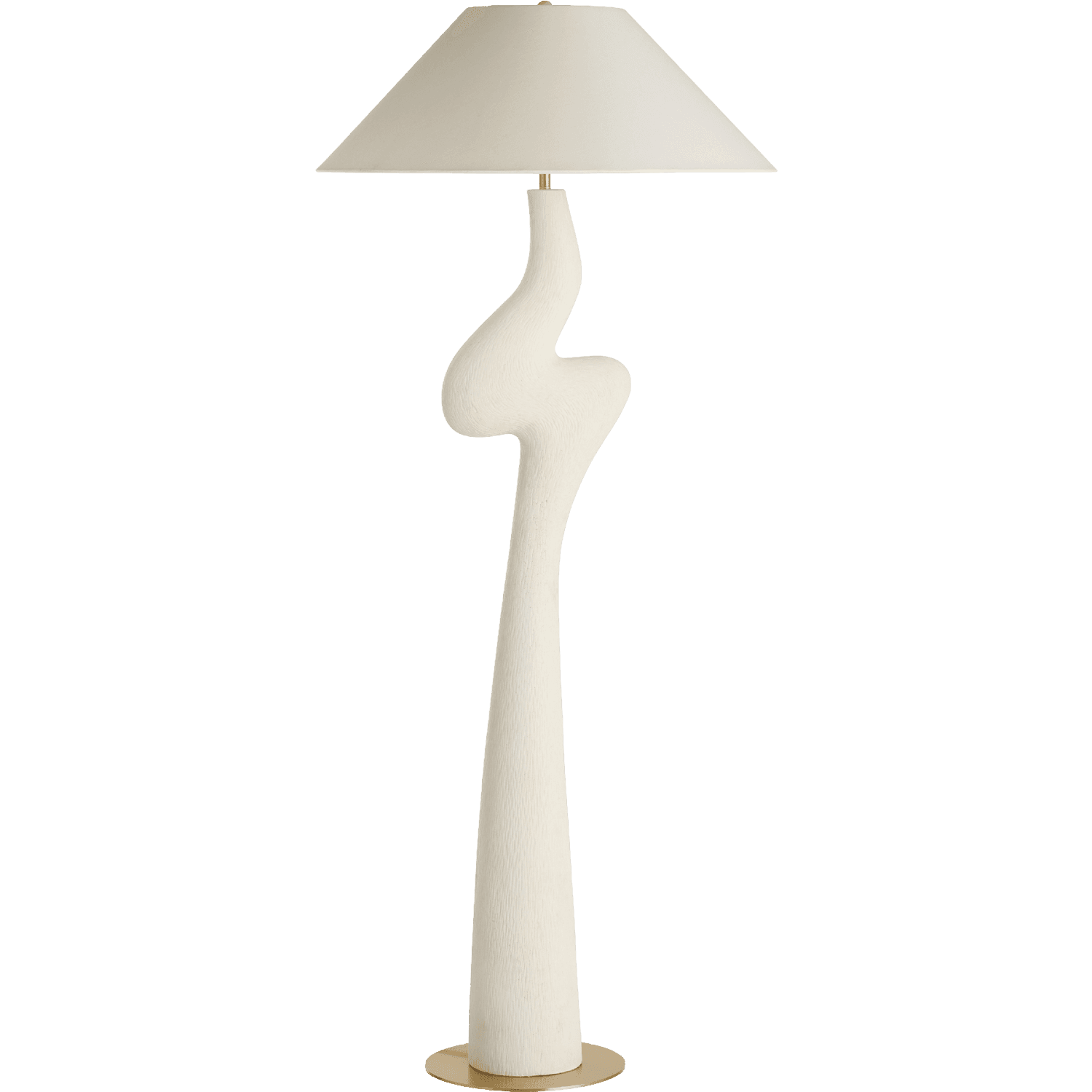 A tall white floor lamp with a zig-zag just under the matching white lampshade.