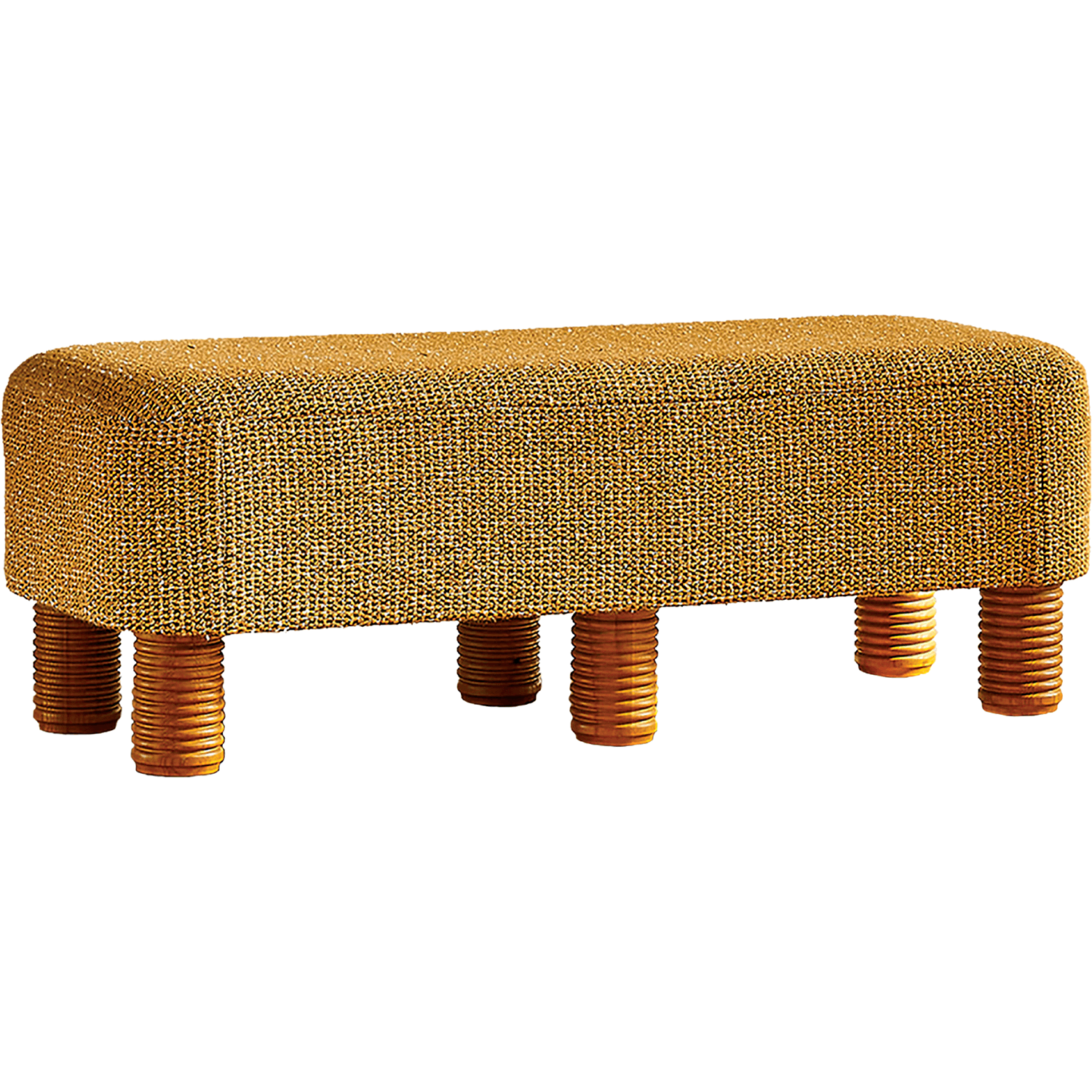 A bench with six stout wooden legs beneath a rectangular cushion in yellow fabric.