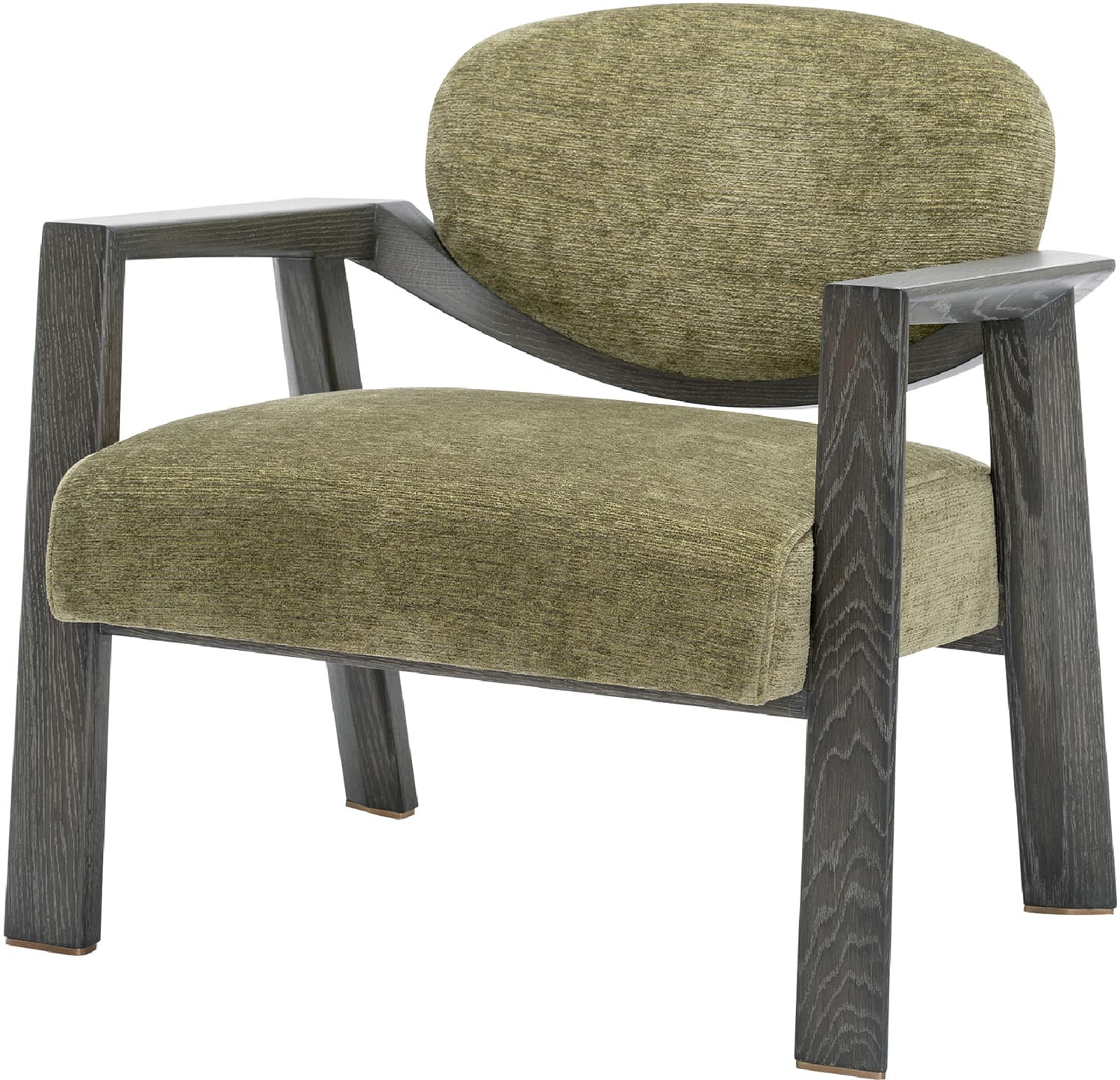 Modern lounge chair with green upholstered cushions and dark angled wooden frame.