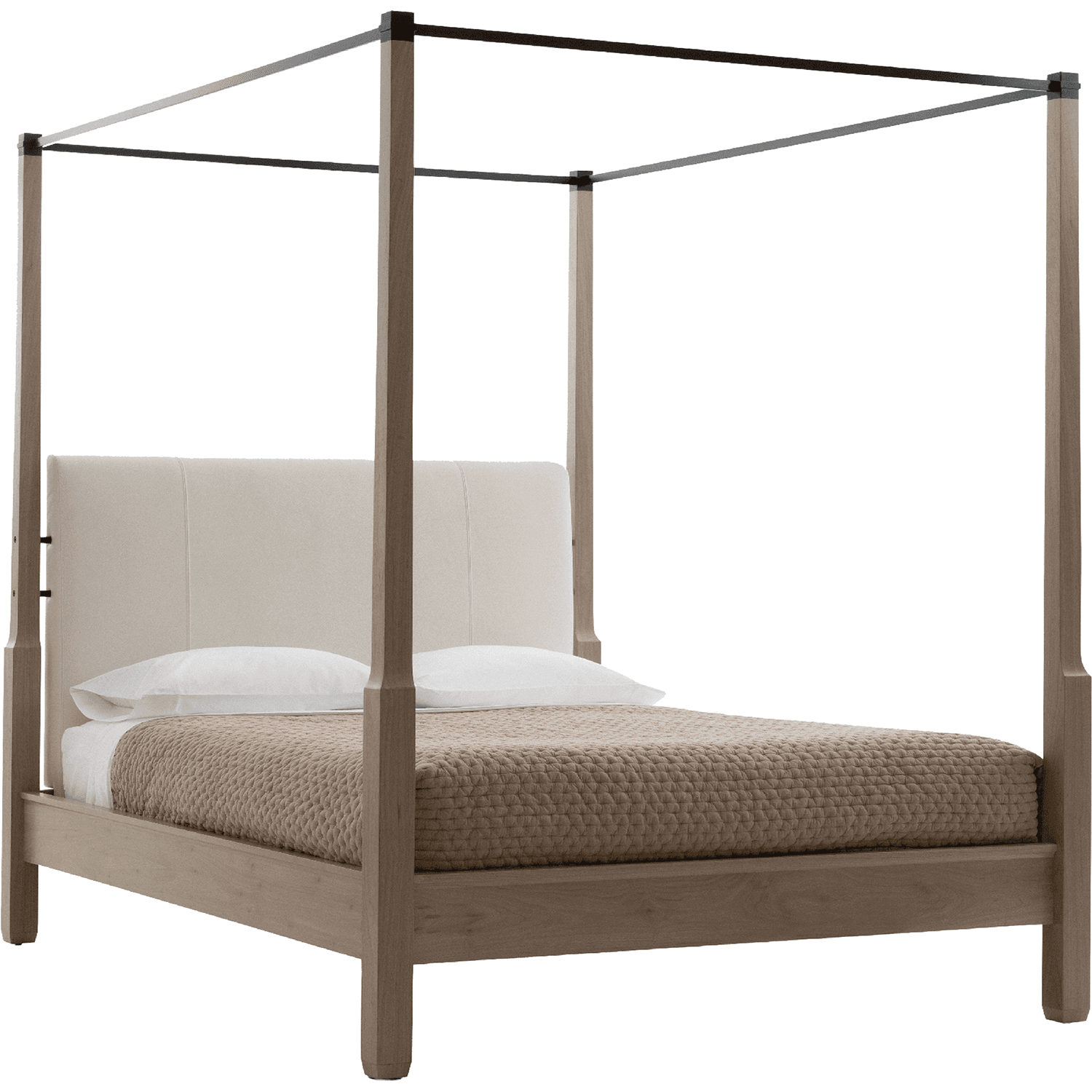 A canopy bad with a fabric headboard and four tall posters hovering above a mattress and pillows.