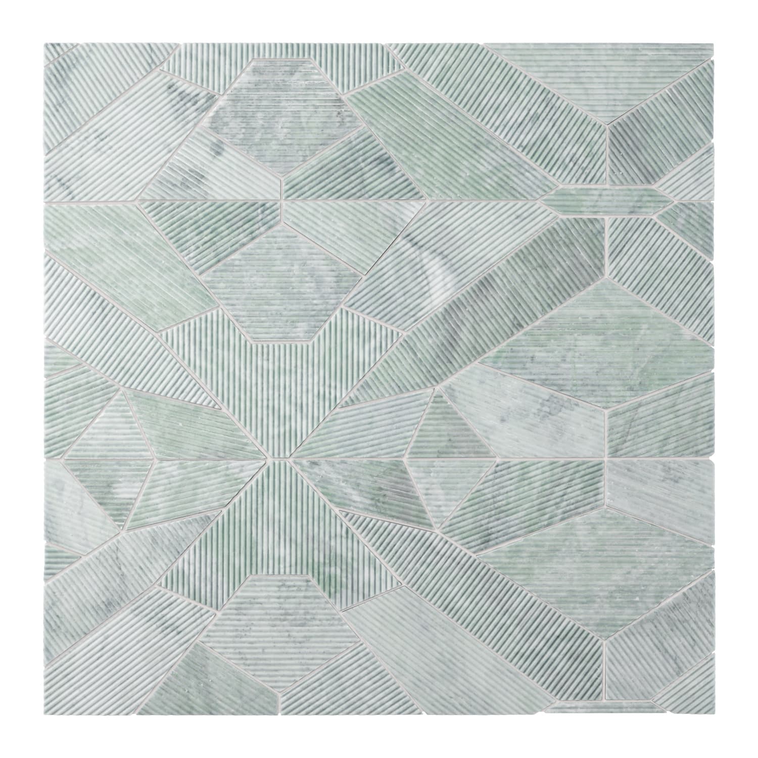 Abstract geometric pattern featuring various shades of green and gray tiles with a mix of striped and solid textures, creating a modern, artistic design.