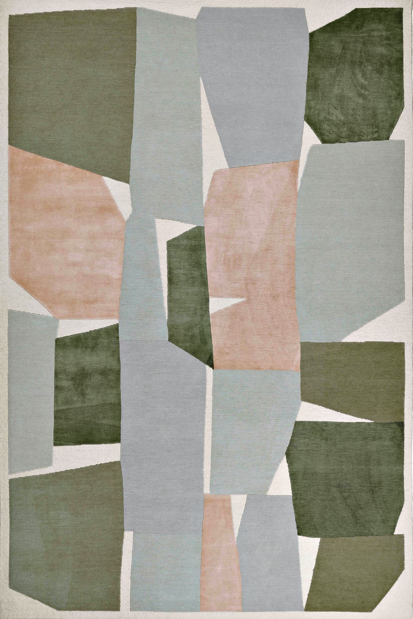 green, blue, white, and pink rug with a pattern of various geometric shapes