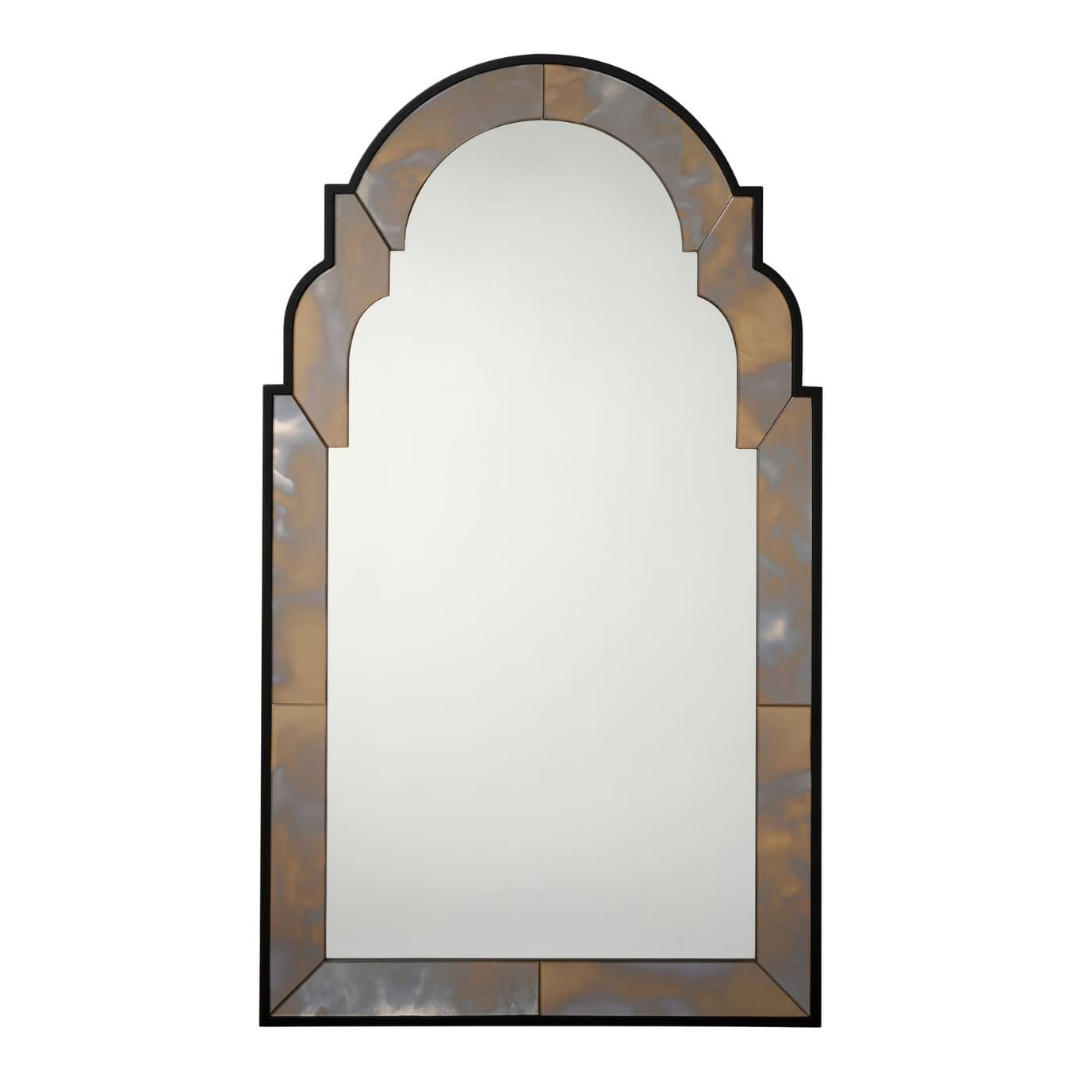 Arched wall mirror from MadeGoods featuring a smoked gold finish and scalloped silhouette