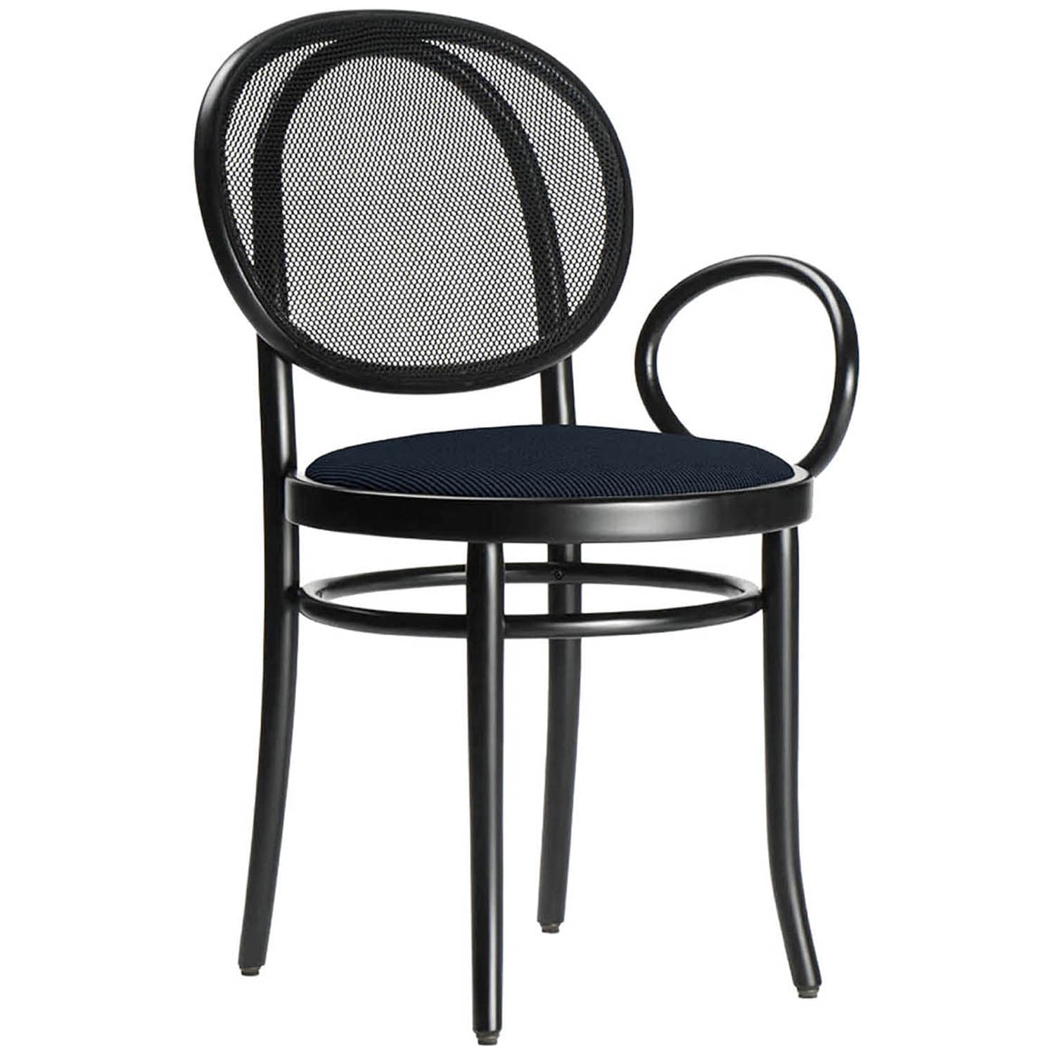 A modern black chair with a mesh backrest, a curved armrest on one side, and a black cushioned seat