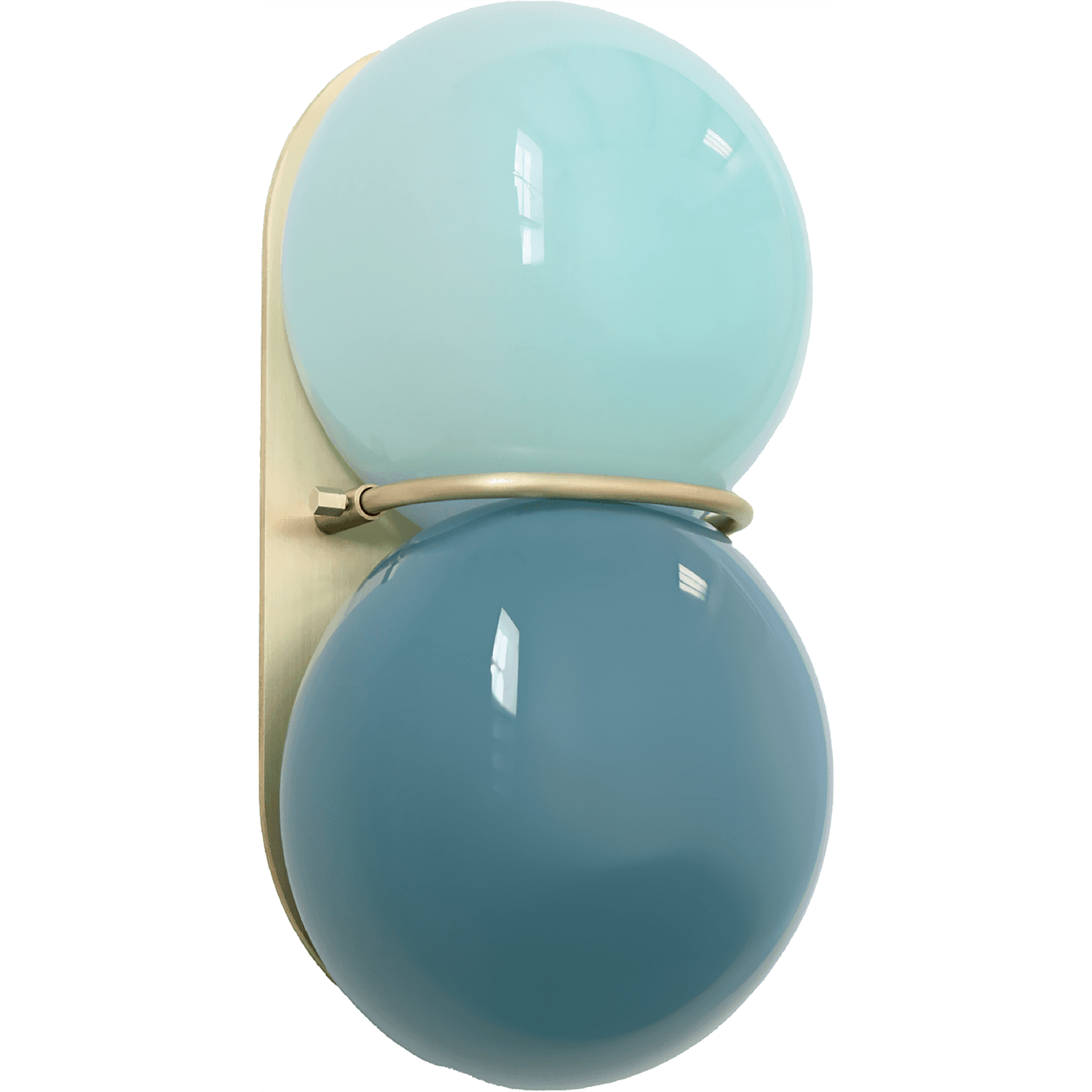 A sconce with a shiny metal base and two circular lights in light and dark blue glass.