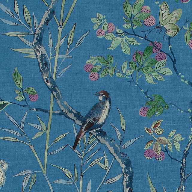 wallpaper with a blue background behind a bird sitting on a branch