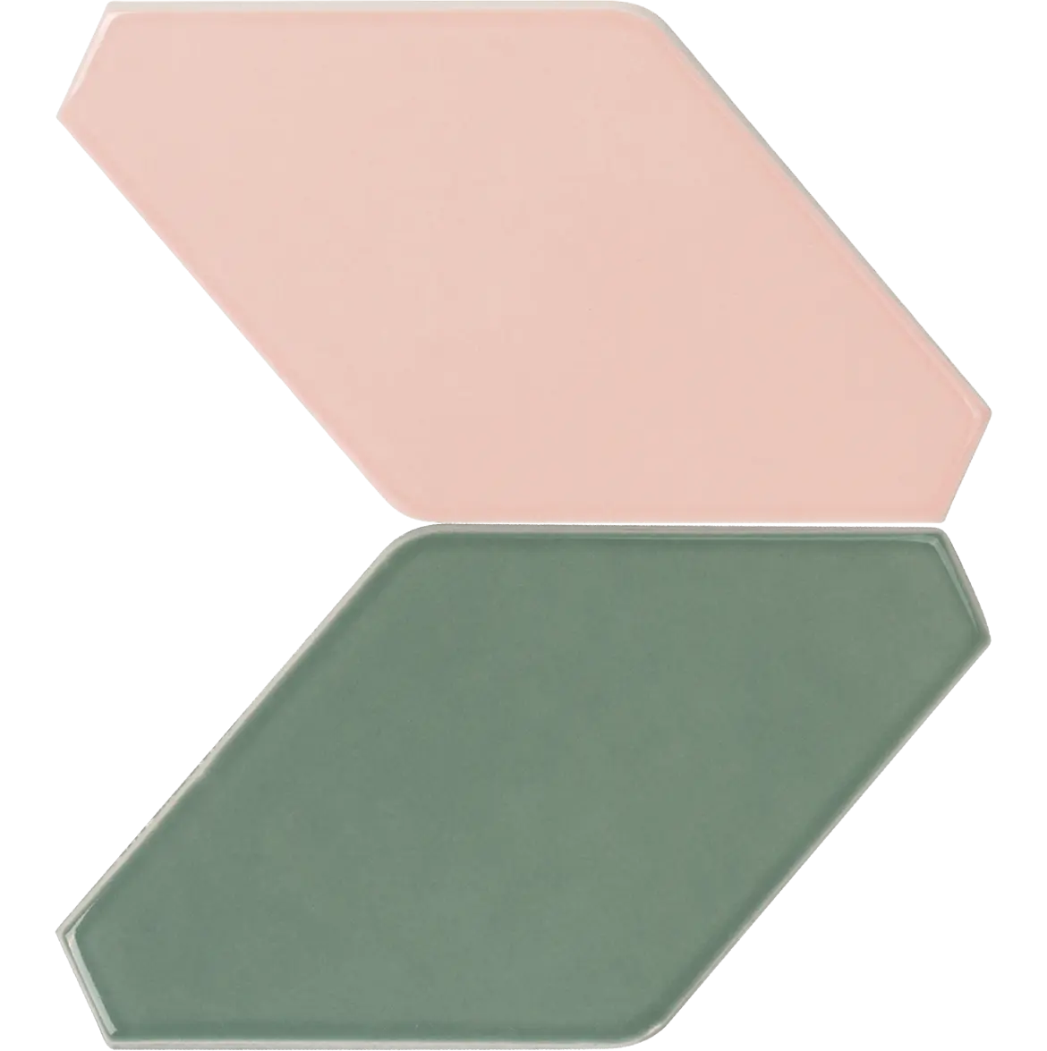 Two geometric tiles, one pink and one green, form an offset chevron shape, creating a clean, modern aesthetic.