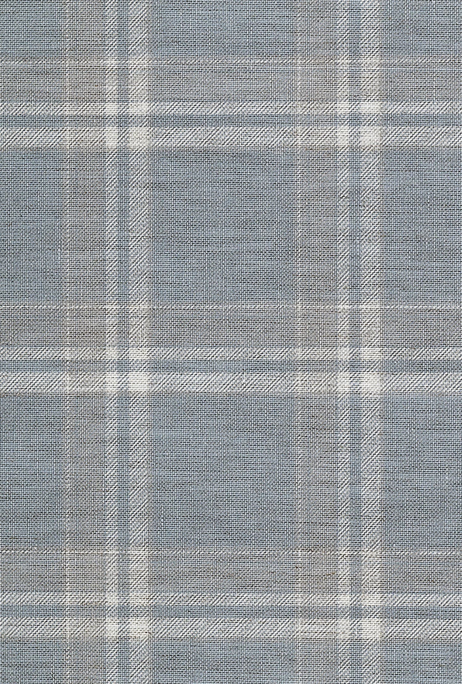 Soft blue plaid wallcovering with a subtle linen texture and overlapping white lines.