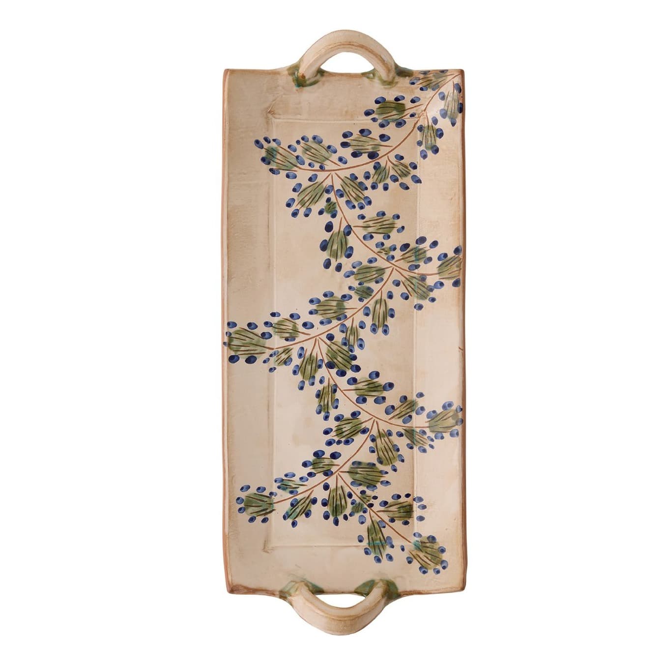 Handcrafted rectangular ceramic tray with floral blue and green vine pattern and built-in handles