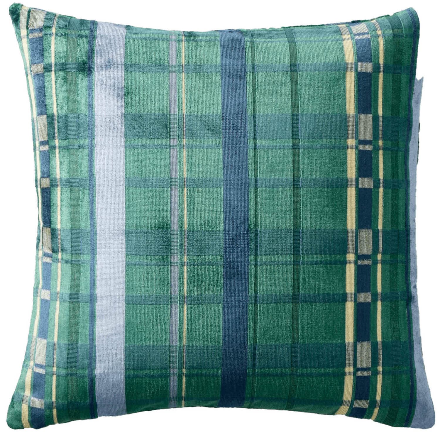 Green tartan plaid pillow with a pattern of intersecting dark and light blue stripes, creating a cozy and traditional look.