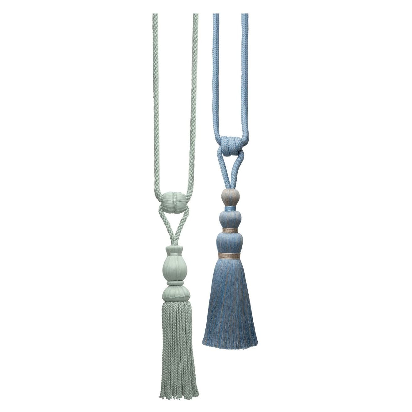 Pale green and ocean-blue tassel tiebacks with intricate detailing and sculptural knots
