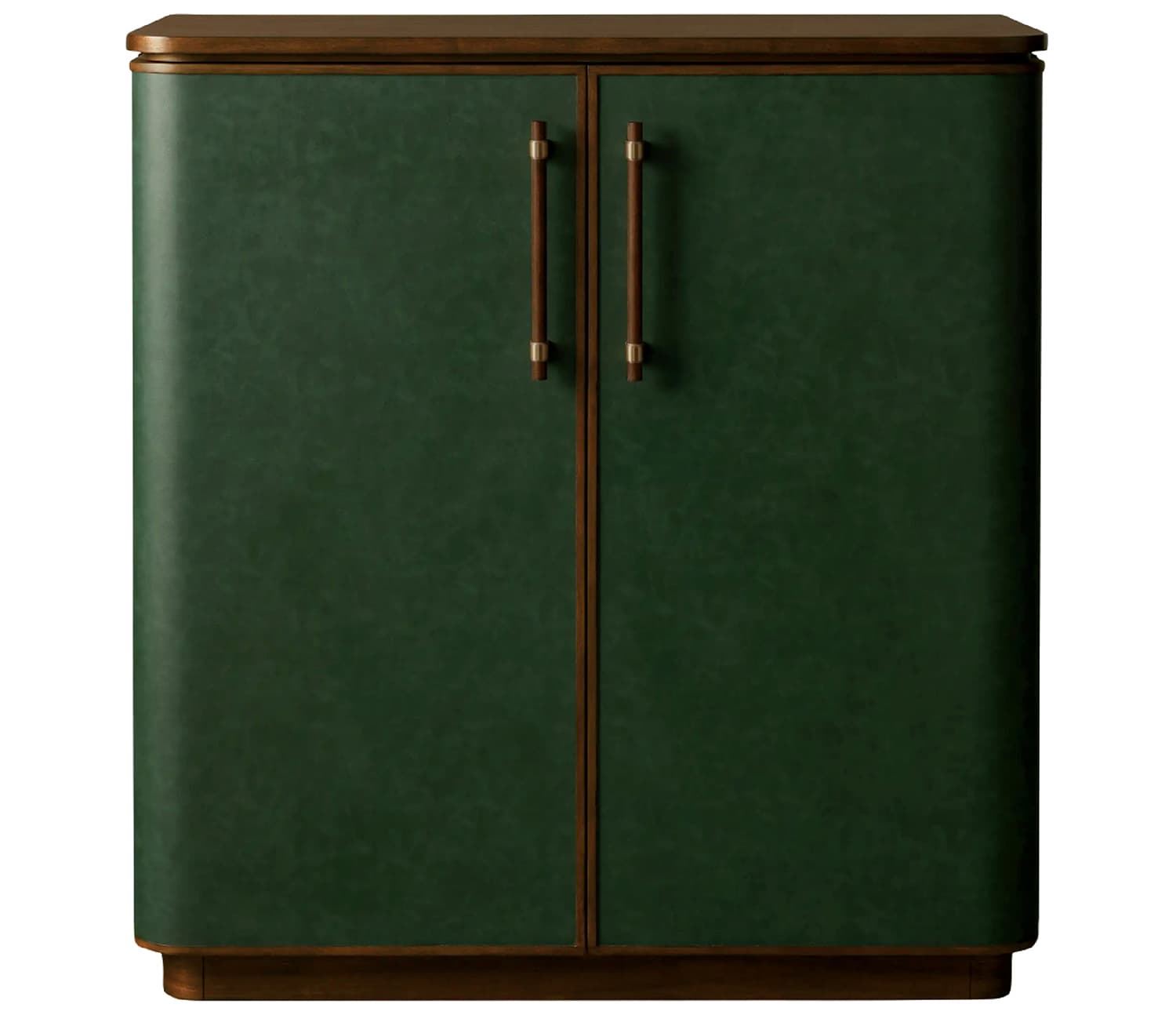 The Grant Bar Cabinet by Arhaus features a deep green leather exterior with bronze-finished accents and vertical handles.