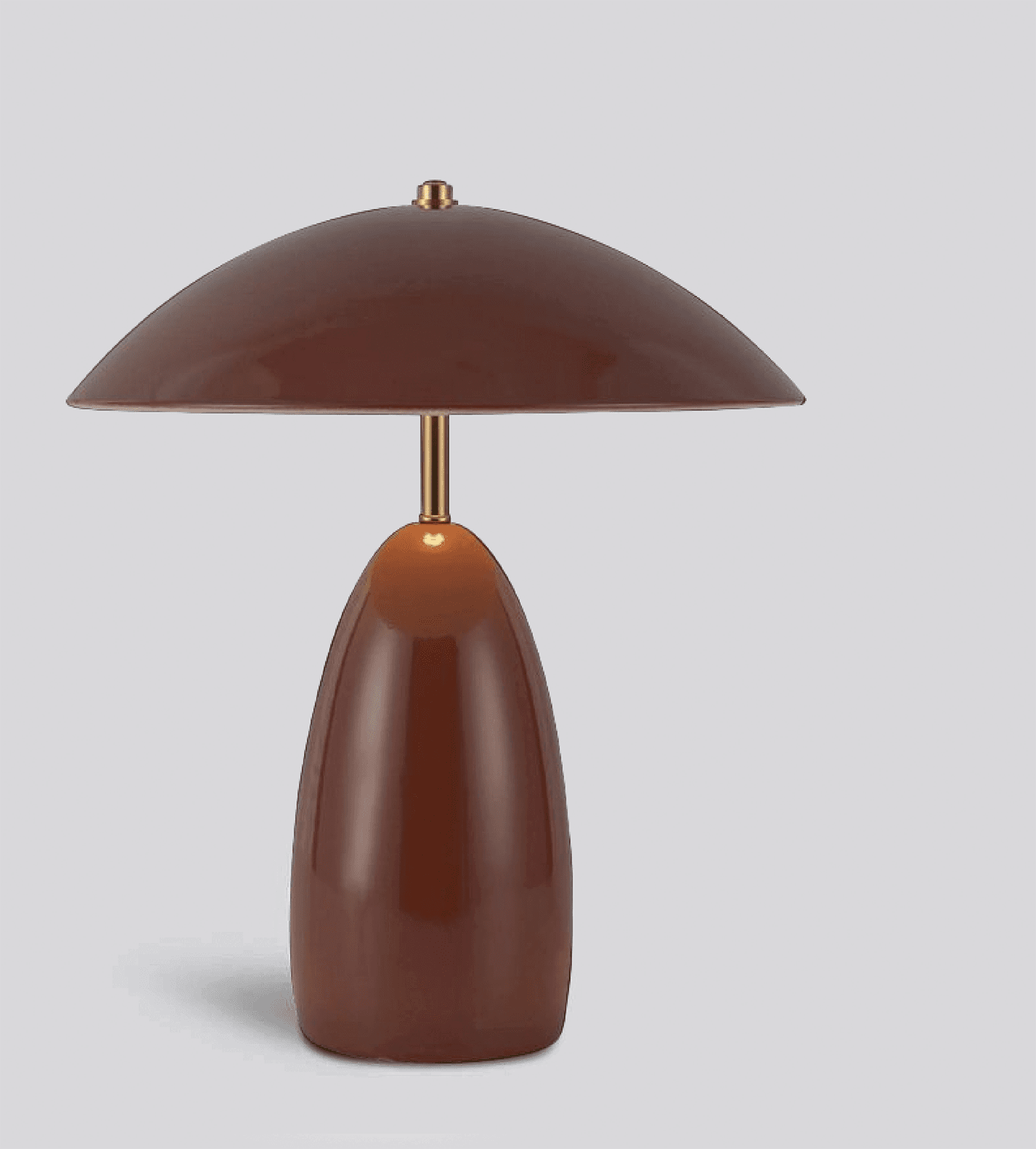 A table lamp with a dark petal shaped base and matching circular shade.