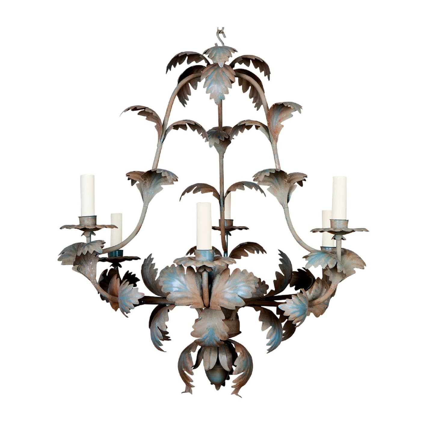 Leaf-inspired chandelier with sculptural arms and six candle-style lights in bronze finish.