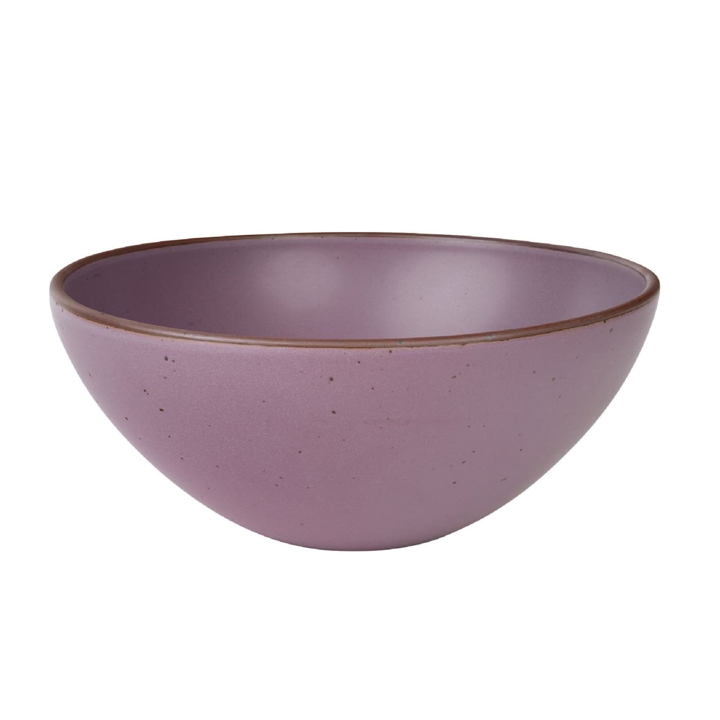 Matte purple ceramic bowl with a brown rim and speckled finish.