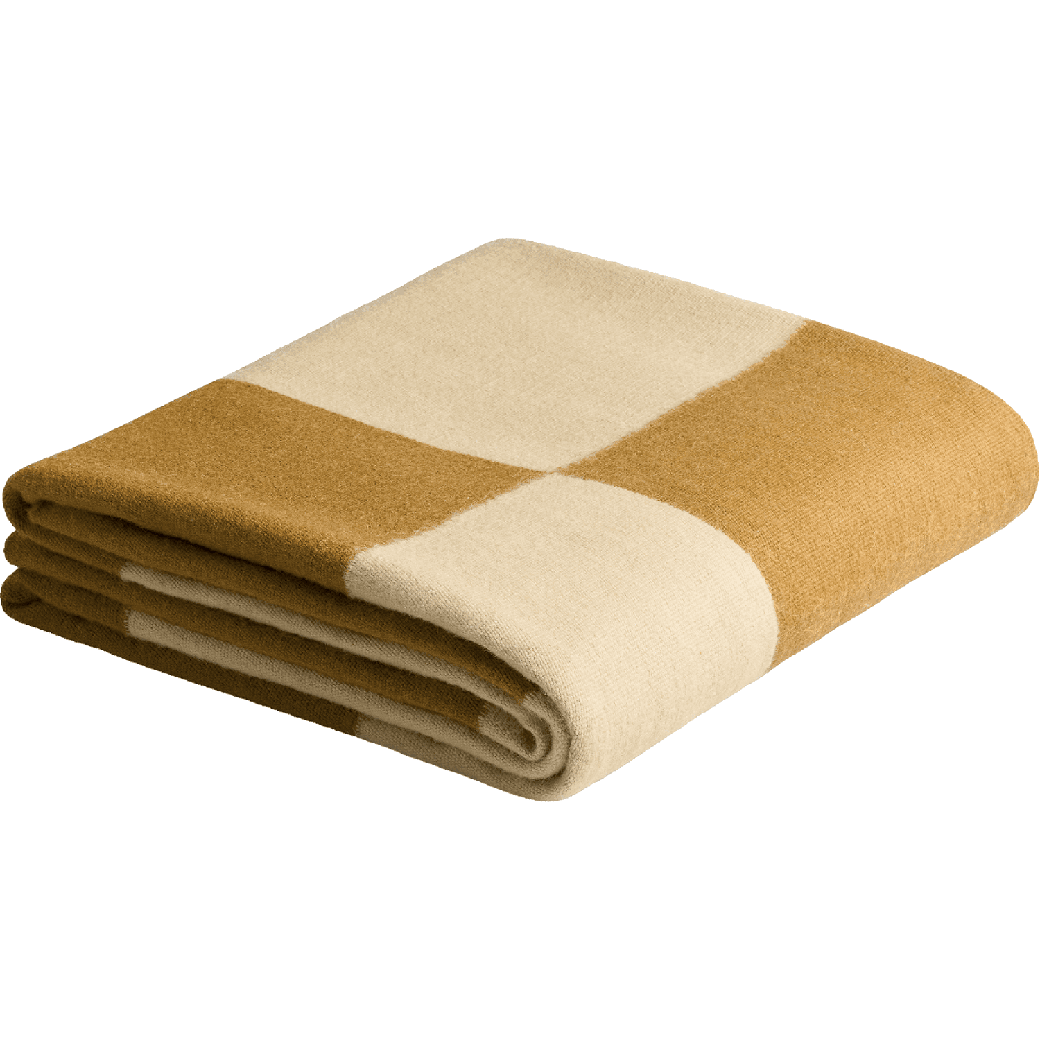 A blanket with a white-and-yellow checkerboard pattern folded into a neat square.