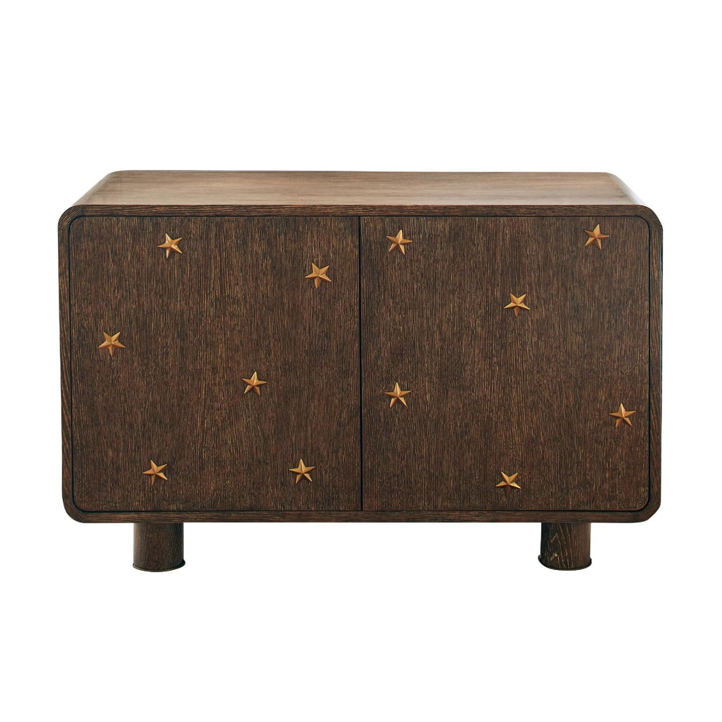 Dark wood cabinet with rounded edges and star-shaped inlays on the front doors.