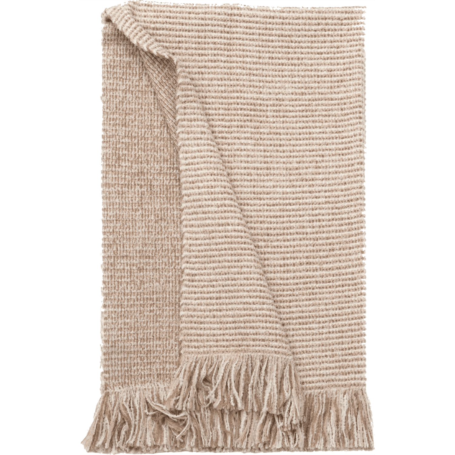 A cream blanket in a cozy knit folded in a rectangle with a fringed bottom.