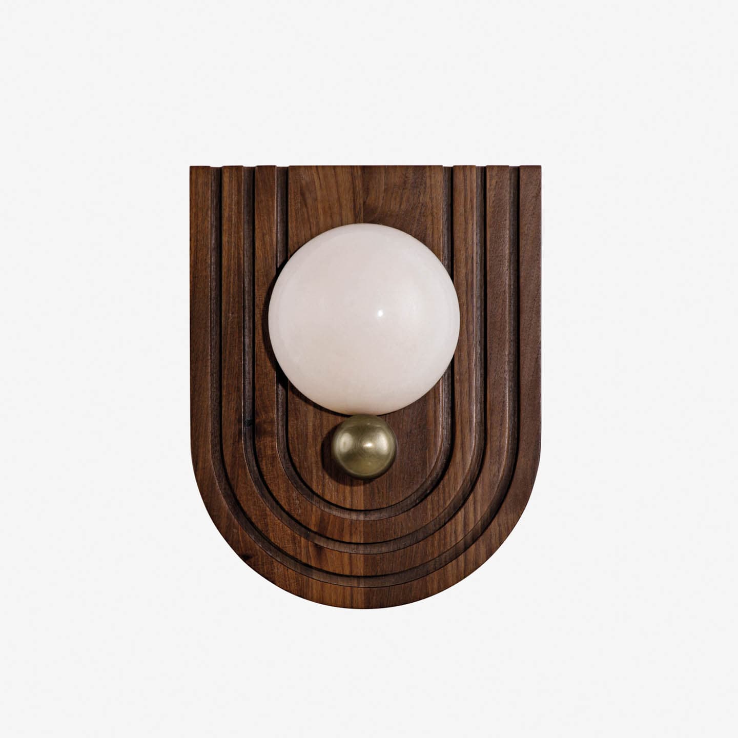 Midcentury-modern-style wall sconce with a dark wooden arched base and a white circular bulb