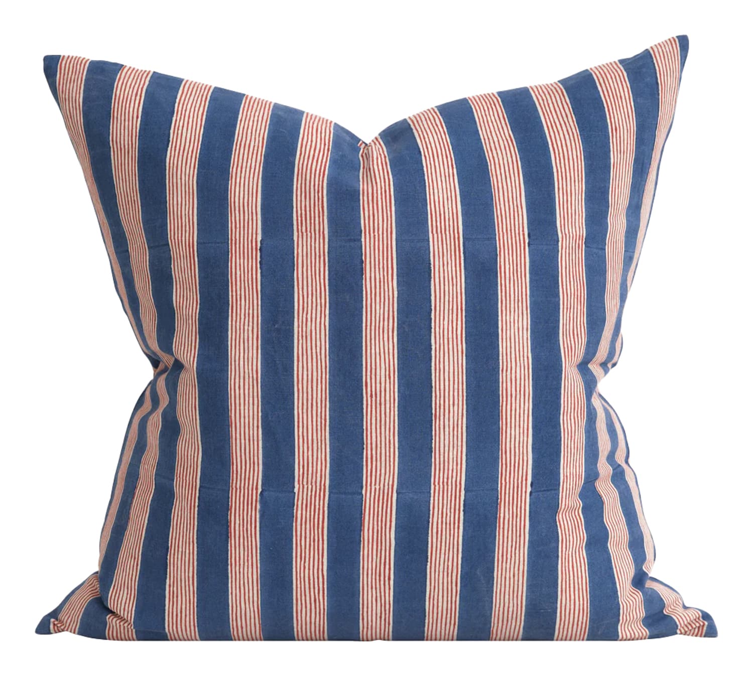 Square pillow with vertical navy and blush stripes.