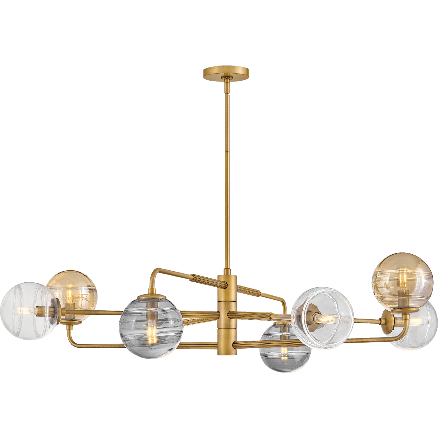A brass chandelier with circular glass orbs