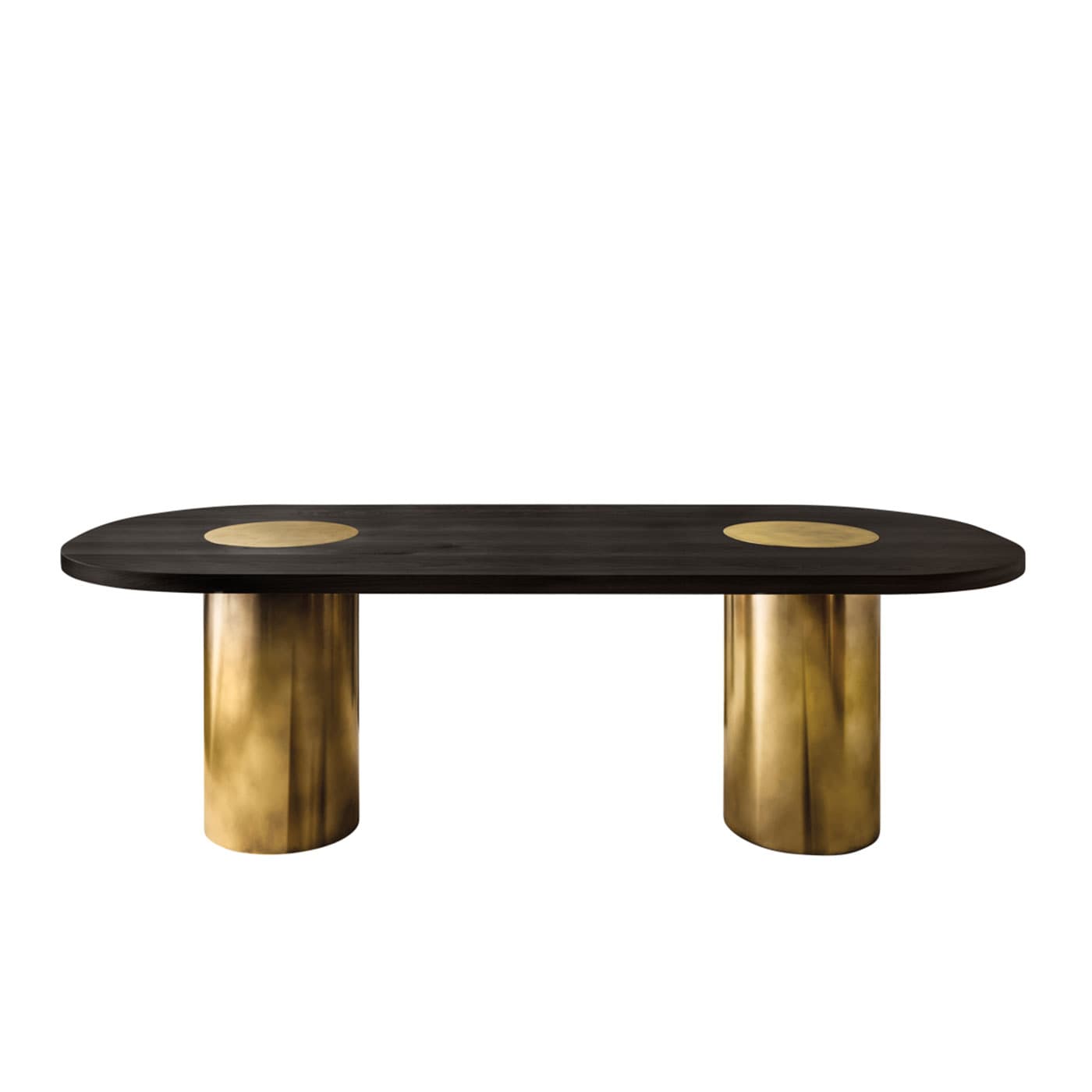 dining table with gold legs and a dark brown oval top