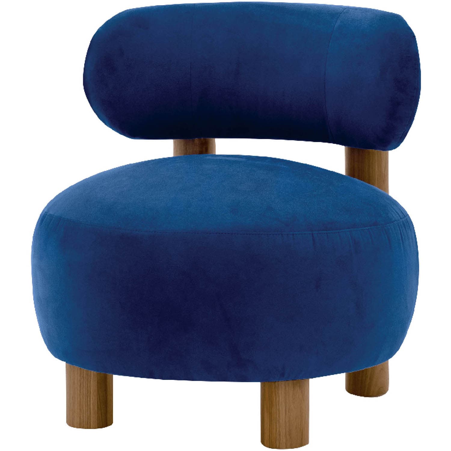 Blue velvet armchair with a rounded backrest and seat, supported by four short wooden legs.