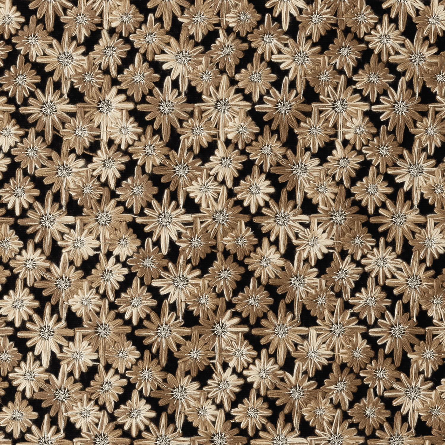 black fabric with a layer of bronze flowers atop the background