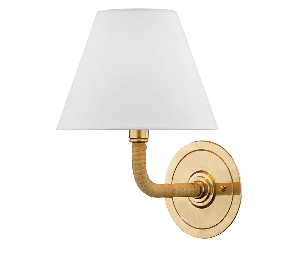 sconce with a white classic shade and gold hardware