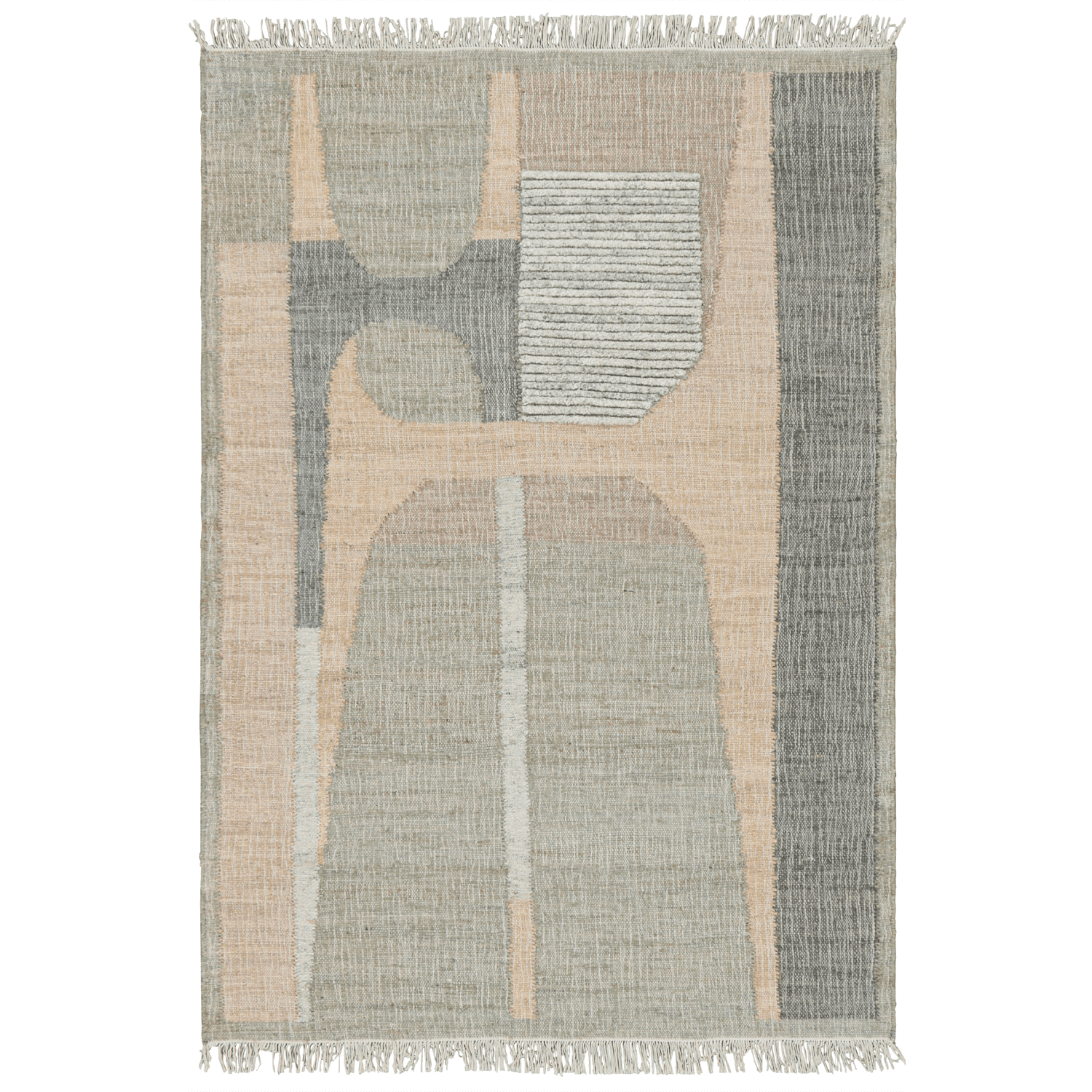 A rug with overlapping geometric patterns in shades of beige and gray with a fringe border.