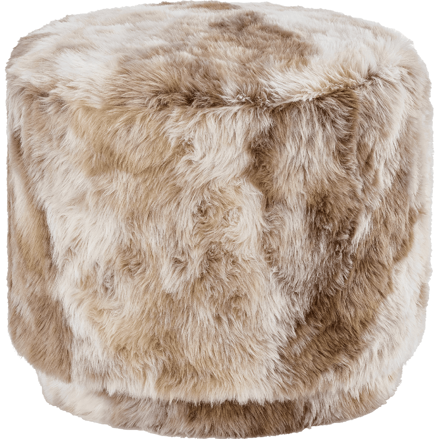 A circular ottoman in a beige tie-dye pattern with shades of white and brown.