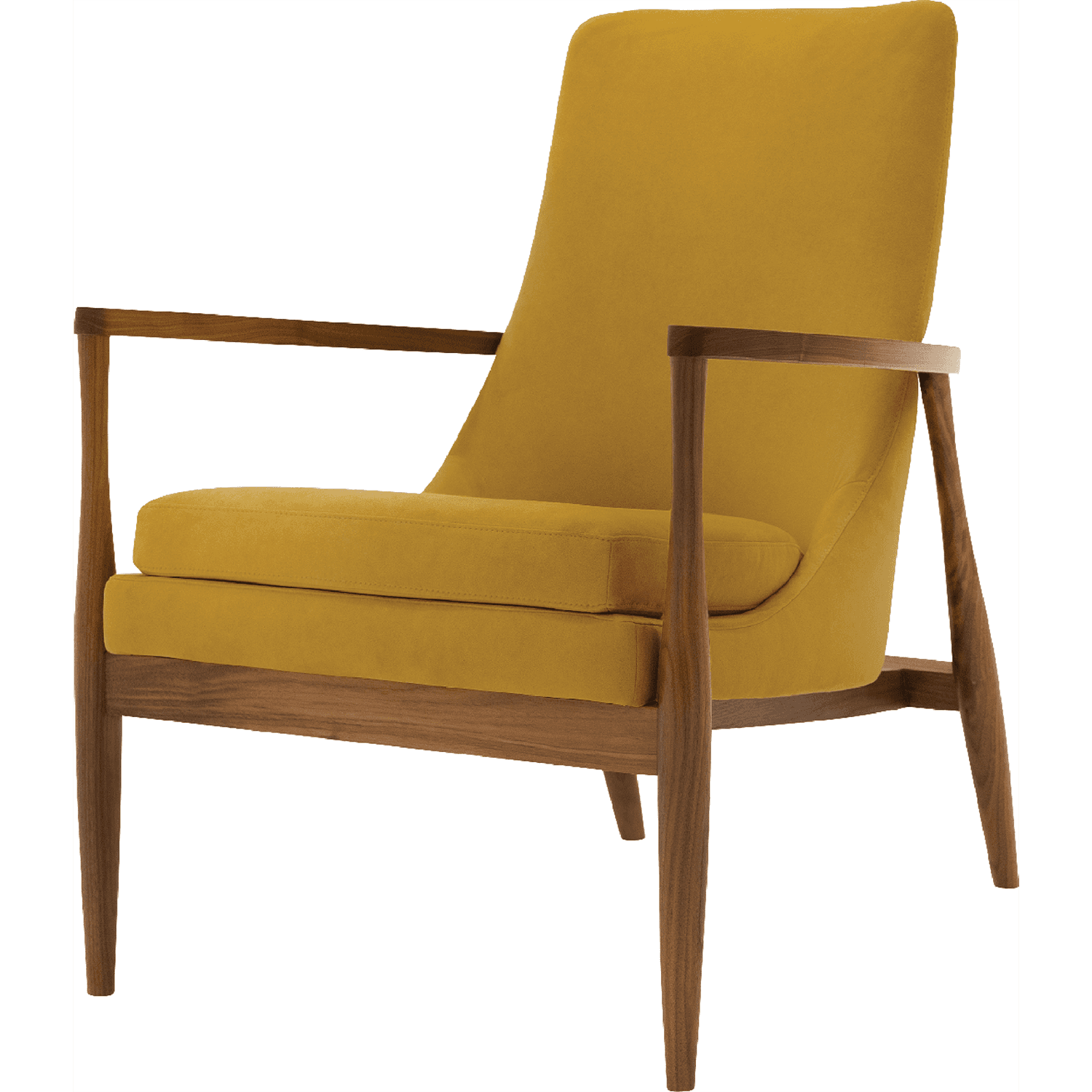 An armchair with a wood base and upholstered seat in yellow fabric.
