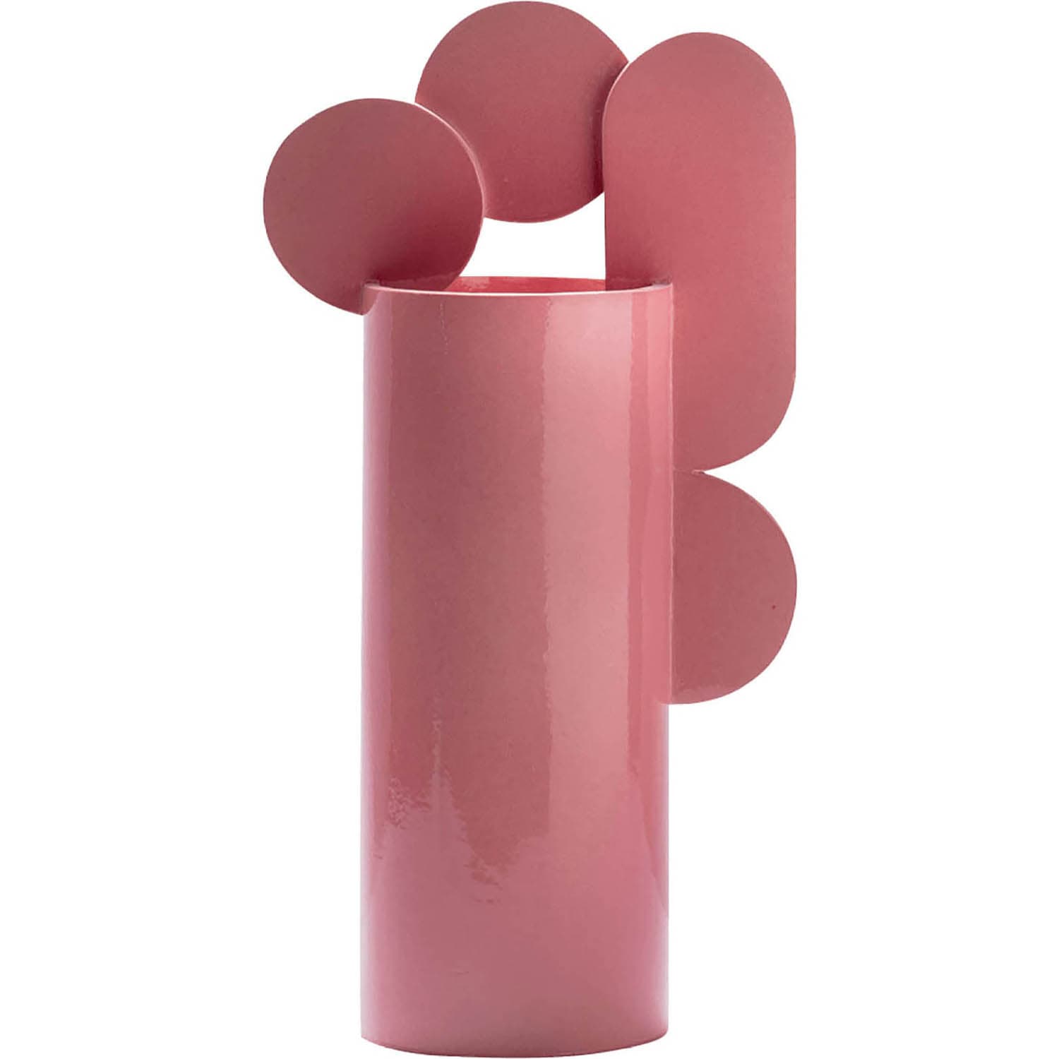 A modern vase with a glossy pink finish features an abstract design. Circular and oval shapes protrude from the top, adding an artistic flair.