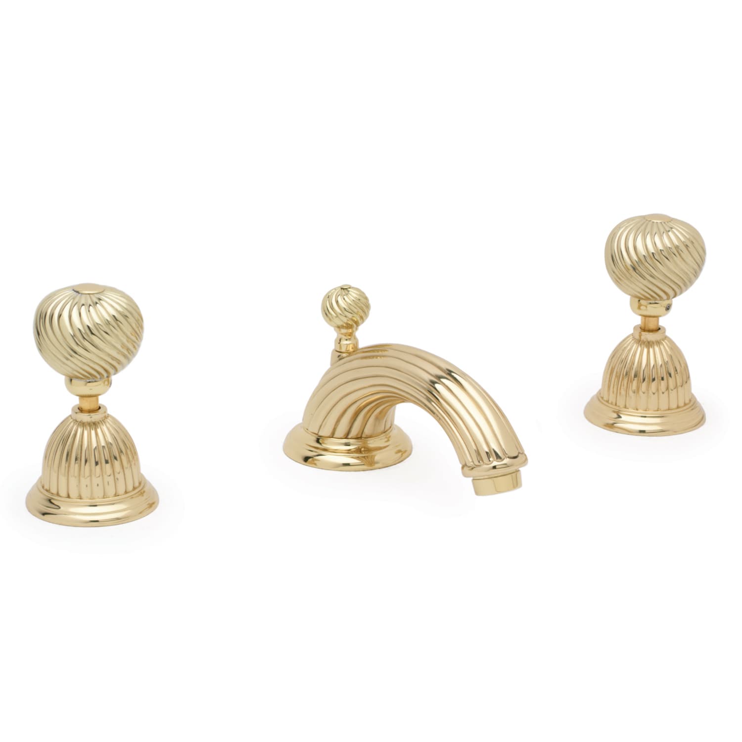 polished brass faucet fixtures with a textured swirl