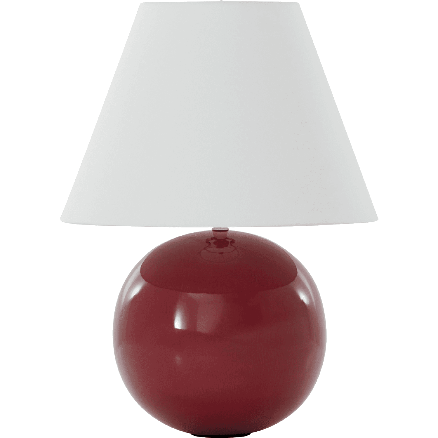 A lamp with a circular red base and white triangular lampshade.