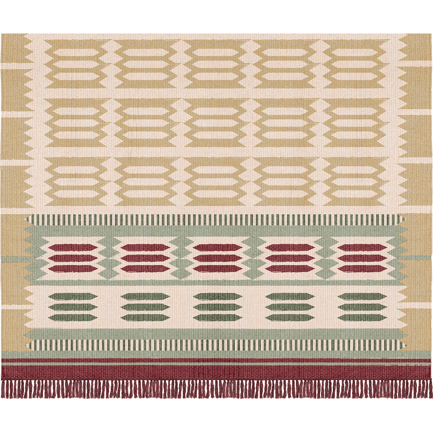 A rug with a geometric patterns in shades of beige, yellow, teal, and red with a fringed border.