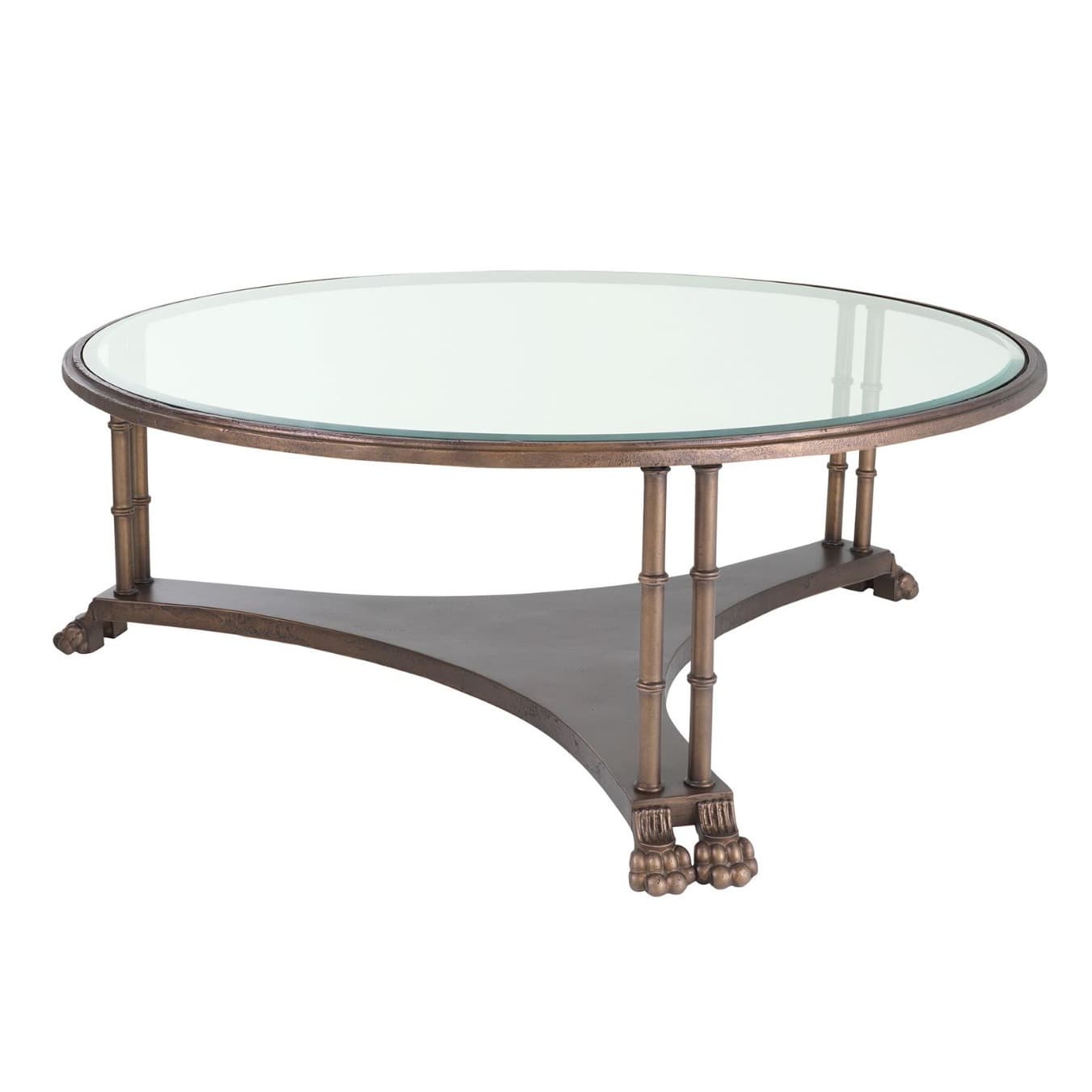 Round glass coffee table with antique bronze frame, bamboo-style legs and claw feet