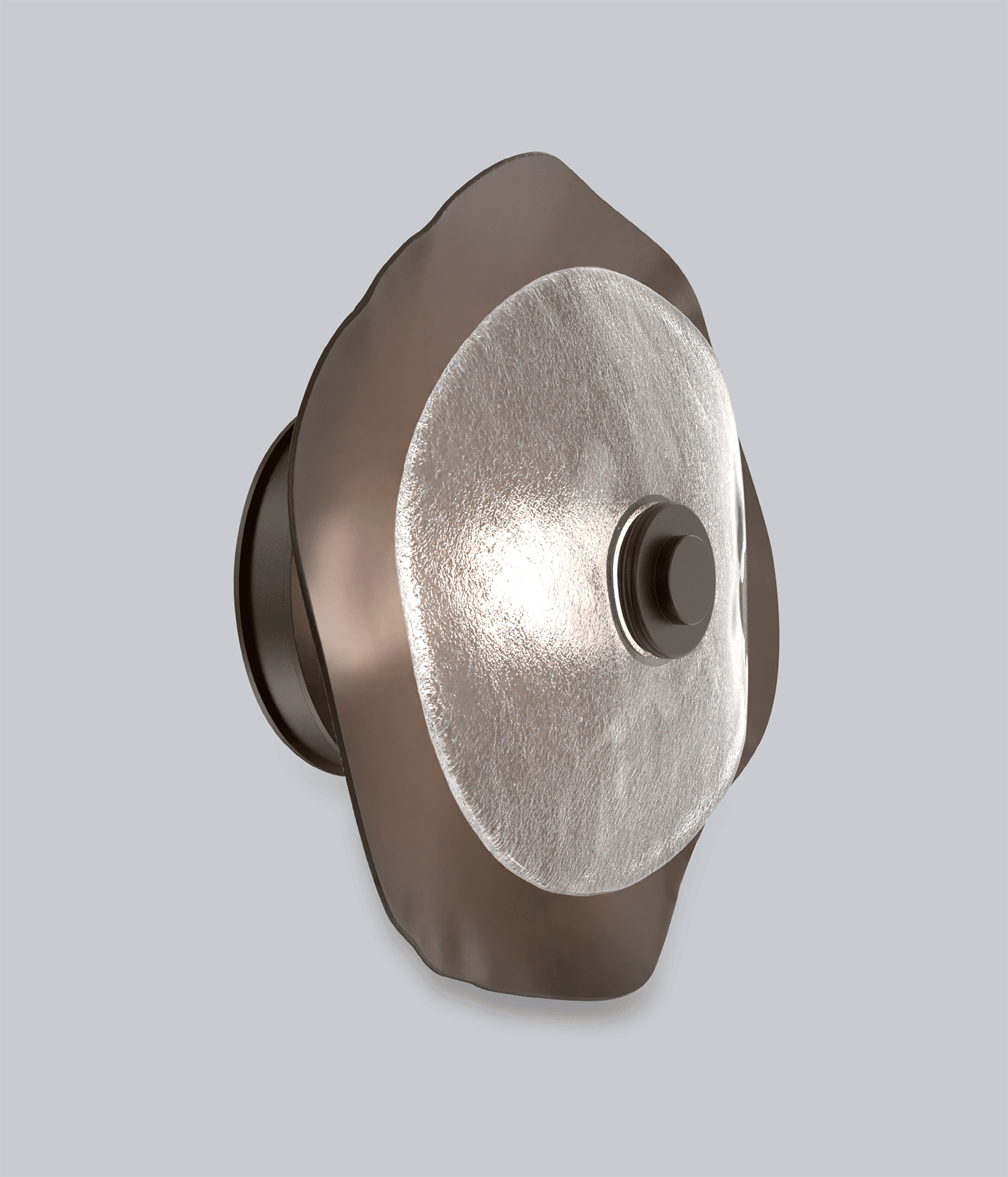 A wall sconce with an angular shape, circular light and center button.