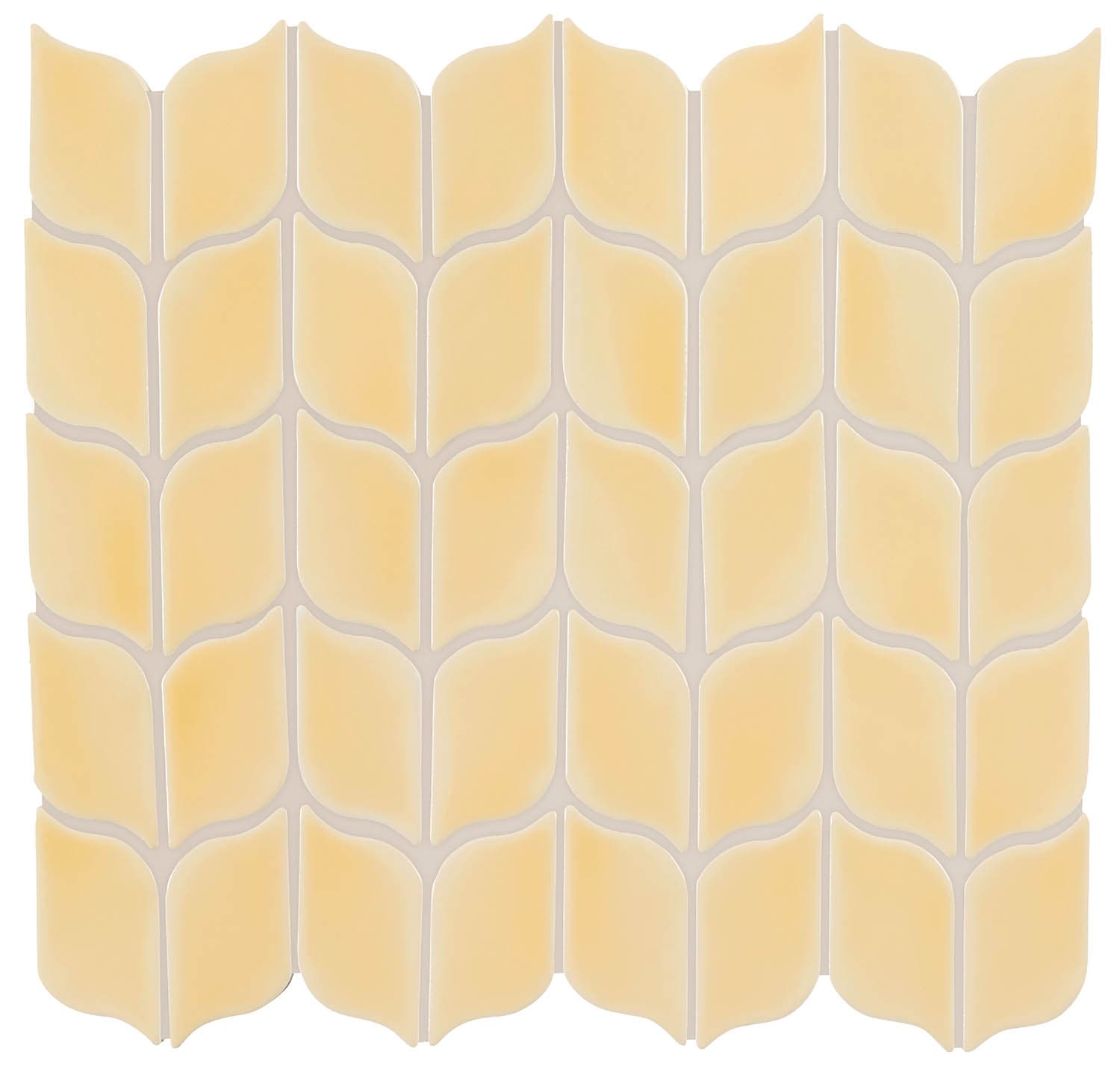 Tile backsplash with a repeating pattern of light yellow petal-like shapes