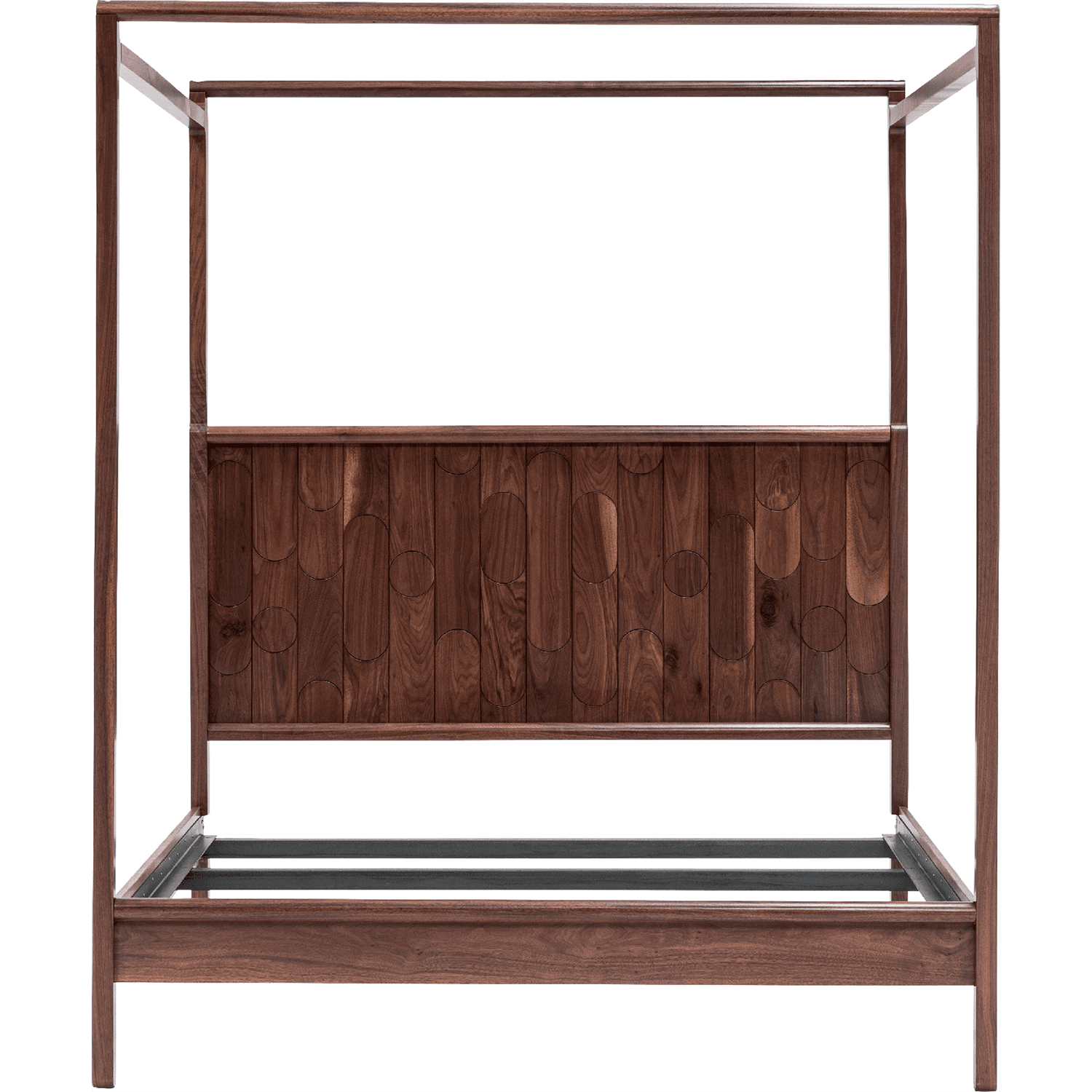 A wood canopy bed with a base, four posters, and a rectangular panel at the back.