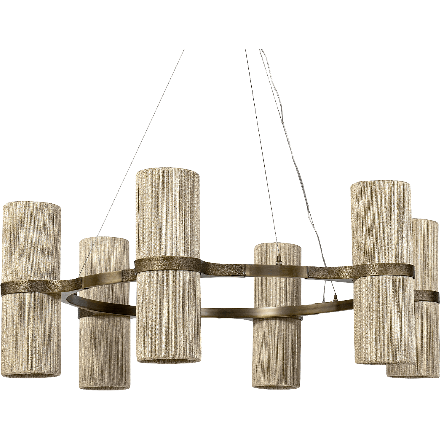 A chandelier with six cylindrical light fixtures strung together by a thin circle of metal.