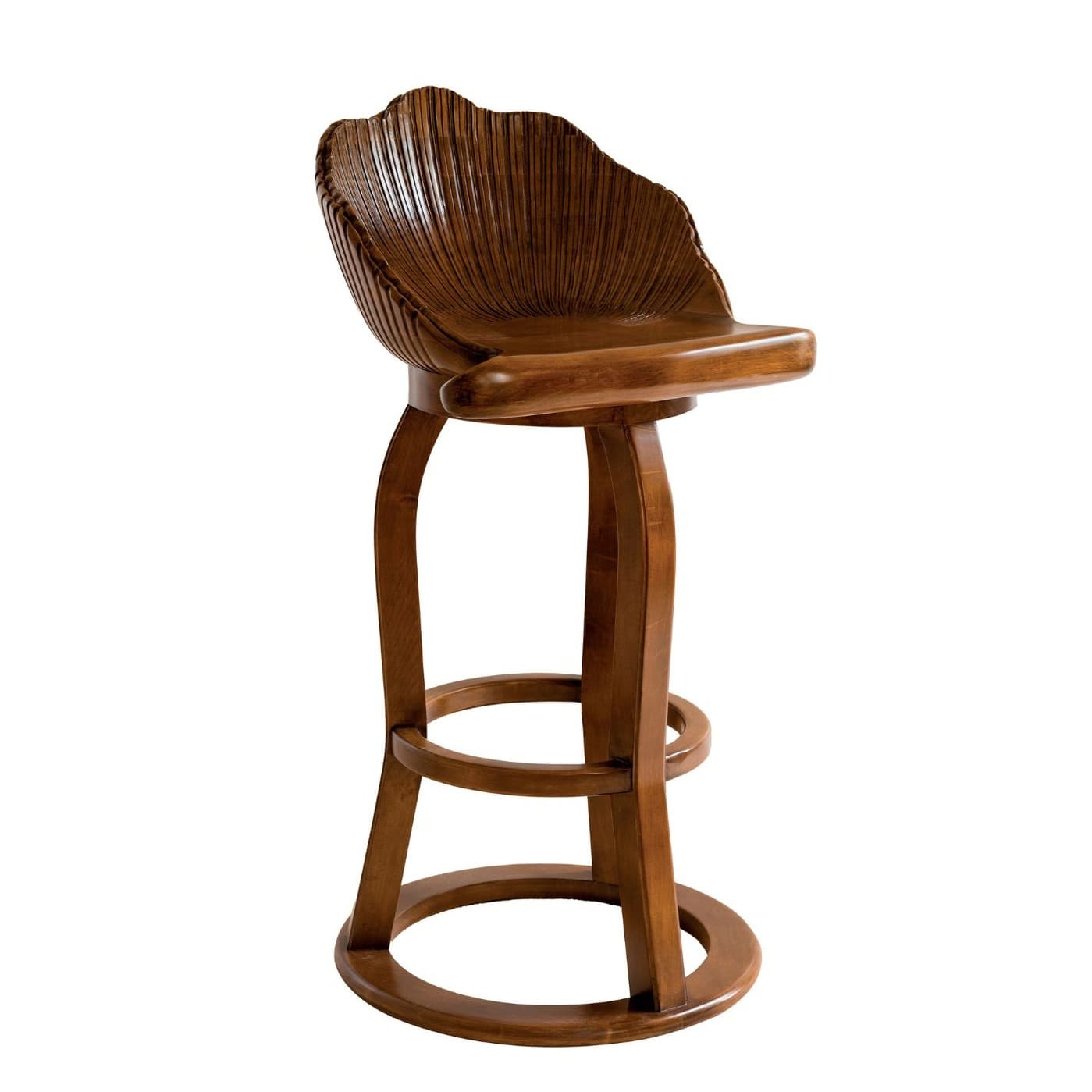 Seaside Shell barstool with carved wooden shell-shaped back and curved legs in a warm brown finish.