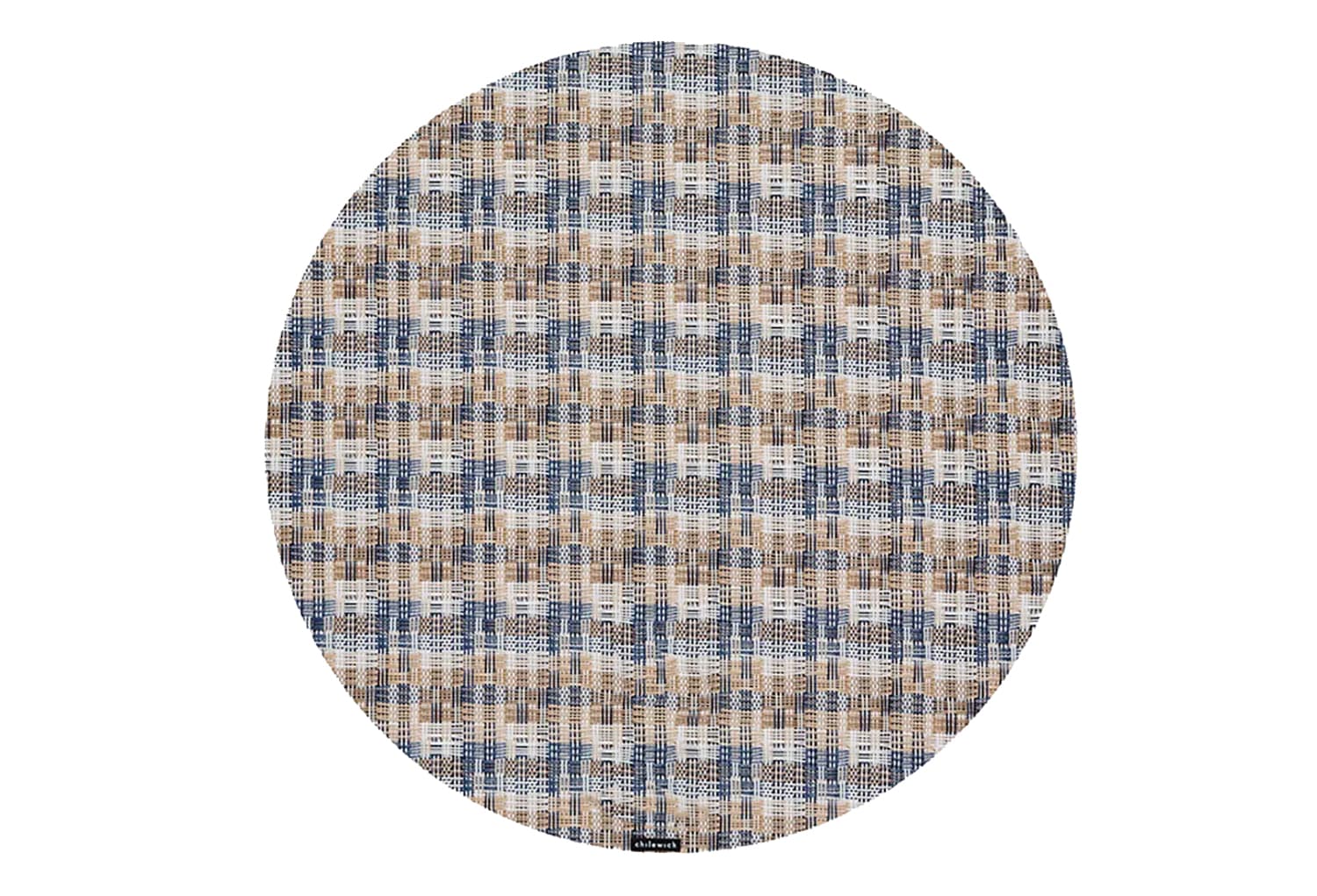 Round woven placemat in soft blue and beige tones by Chilewich.