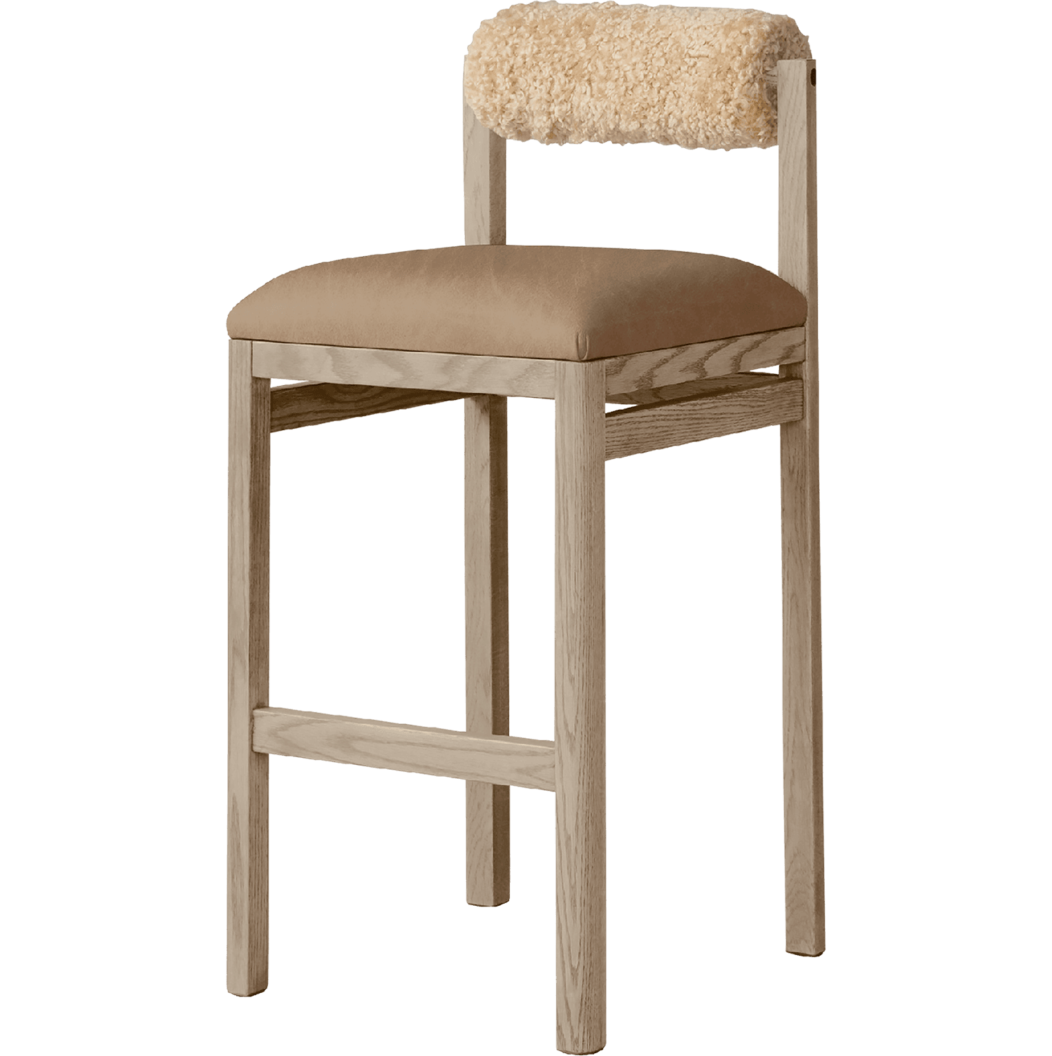Thayer Bar & Counter Stool in Tuscan Leather Camel Seat and Shearling Toffee Bolster