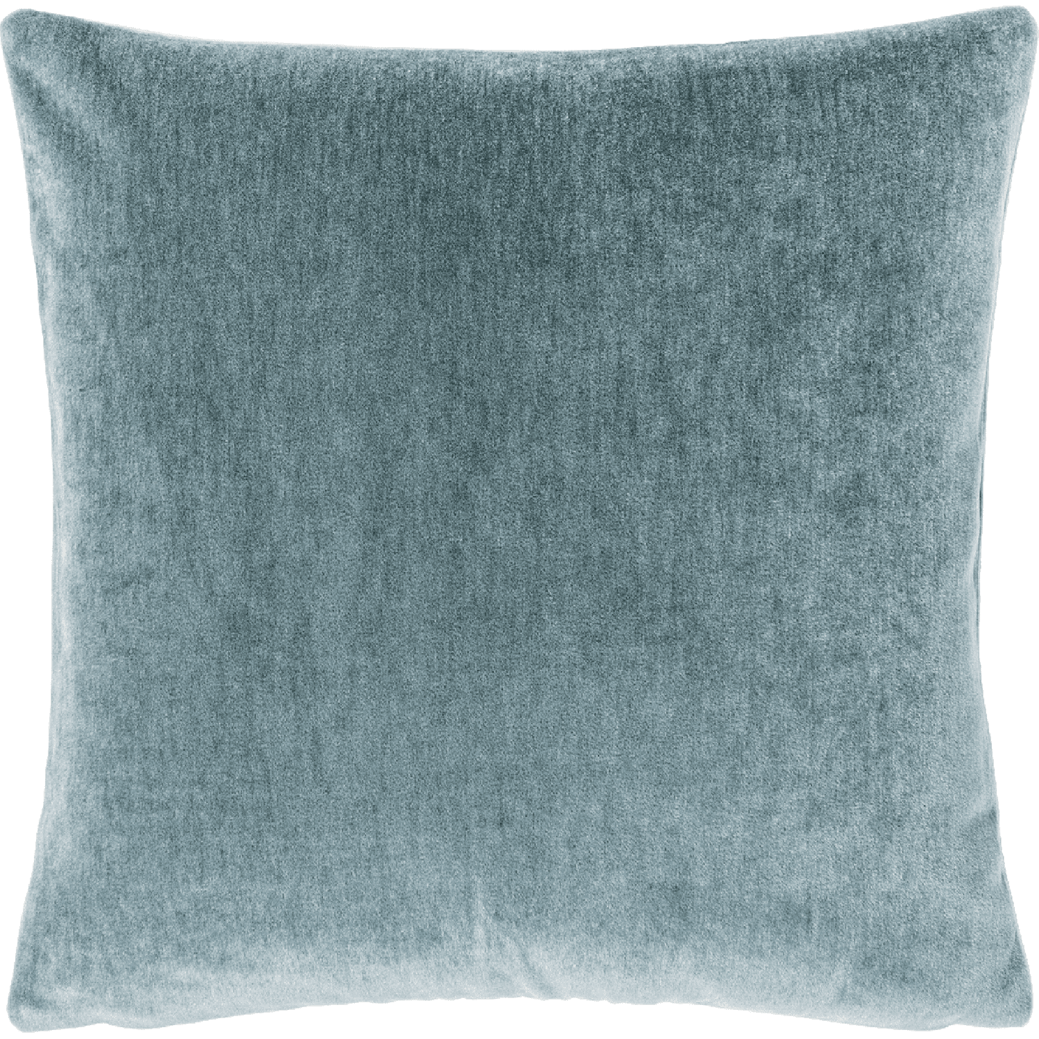 A square throw pillow covered in a light blue fabric.