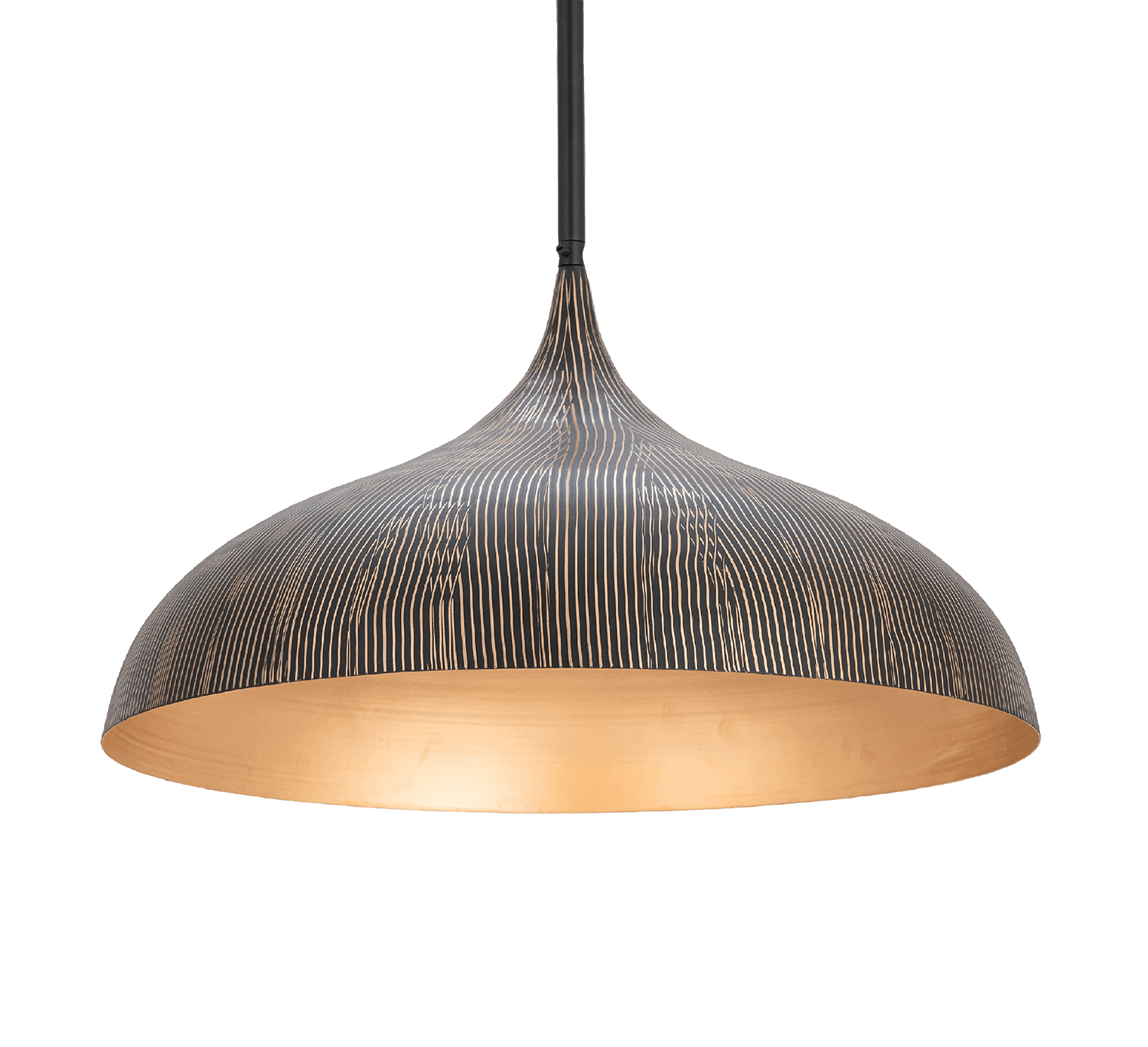 A black and gold lighting pendant on a white background