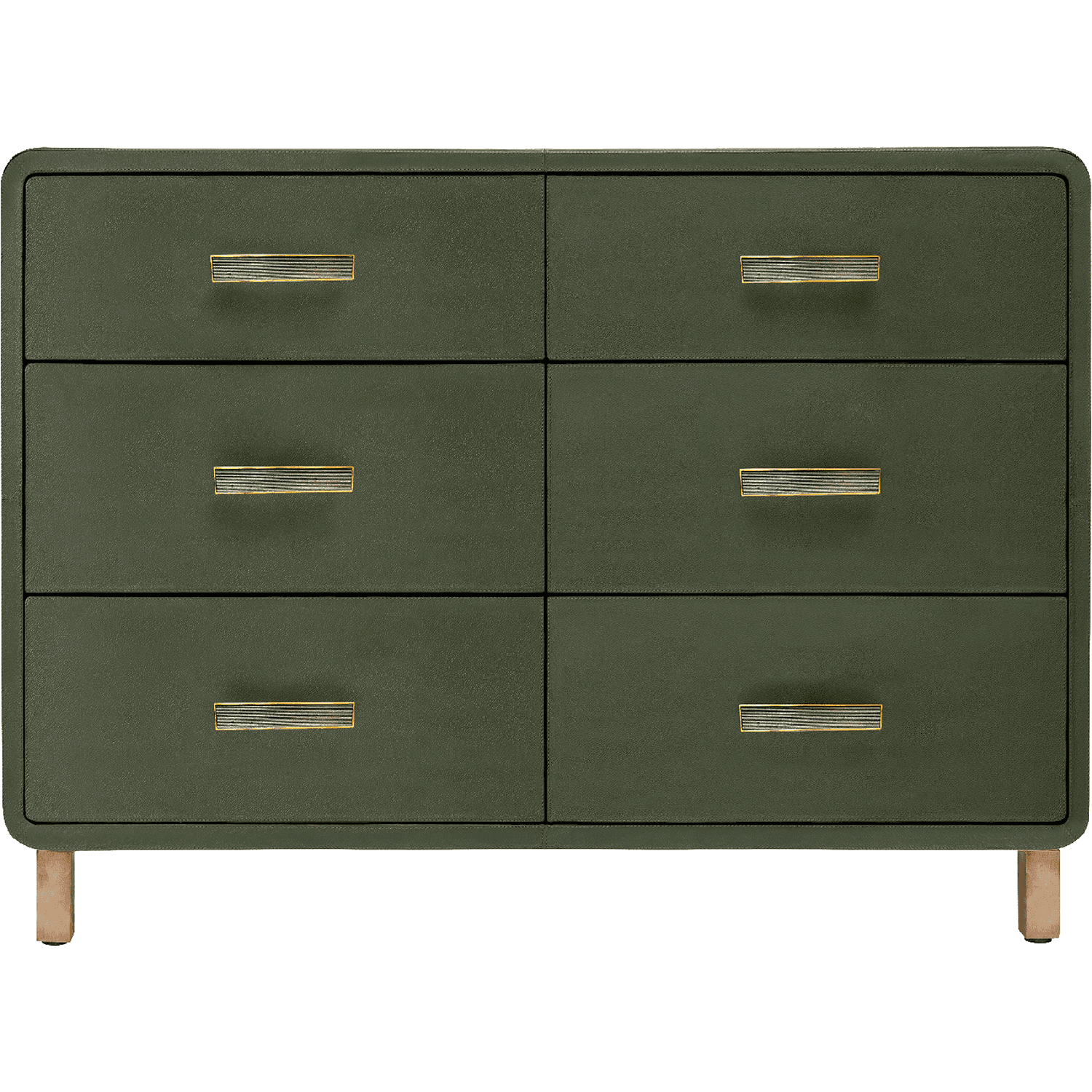 A green leather dresser with six drawers, metal pulls and short, thin legs.